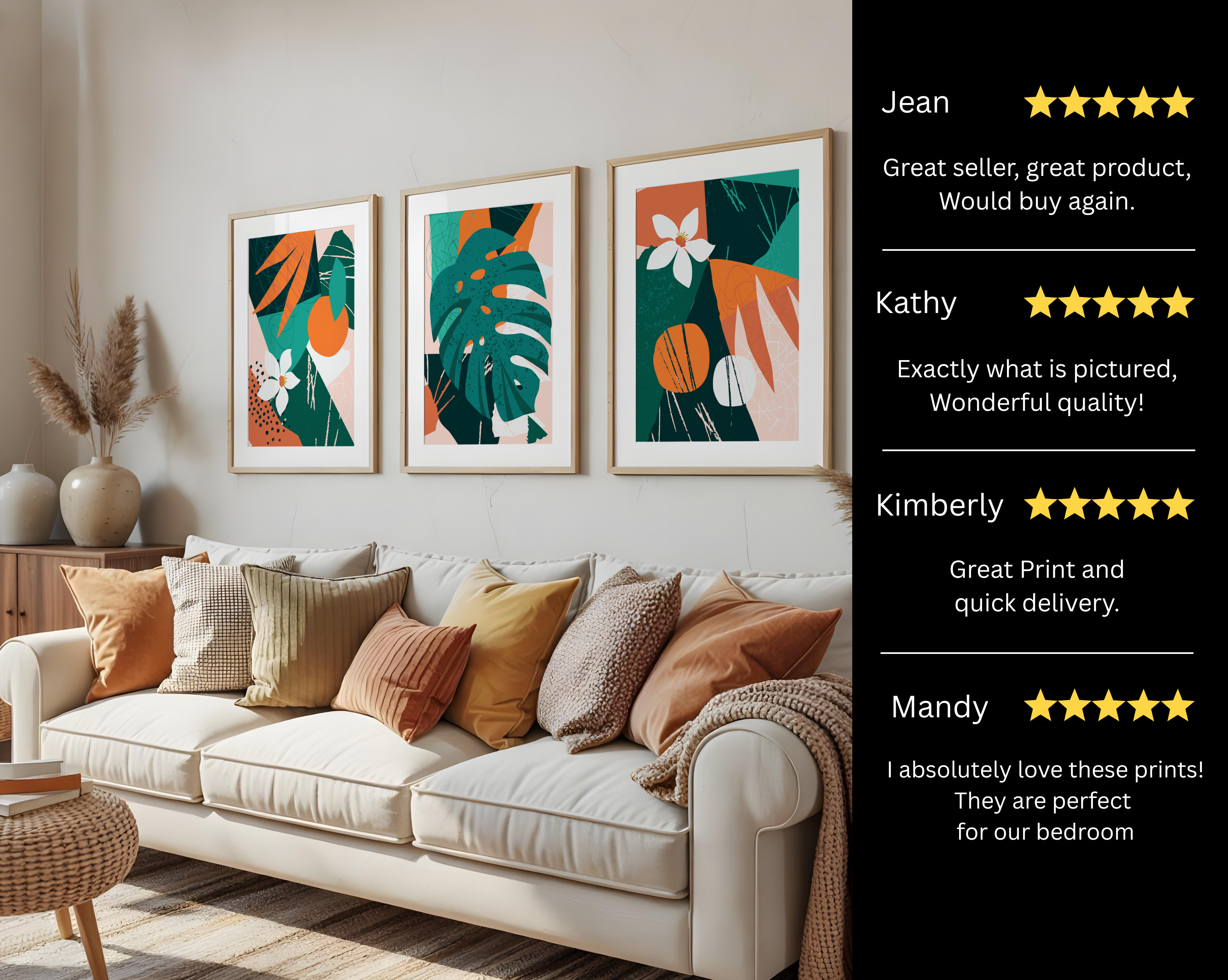 TROPICAL ABSTRACT BOTANICAL WALL ART SET – MODERN GREEN & TERRACOTTA