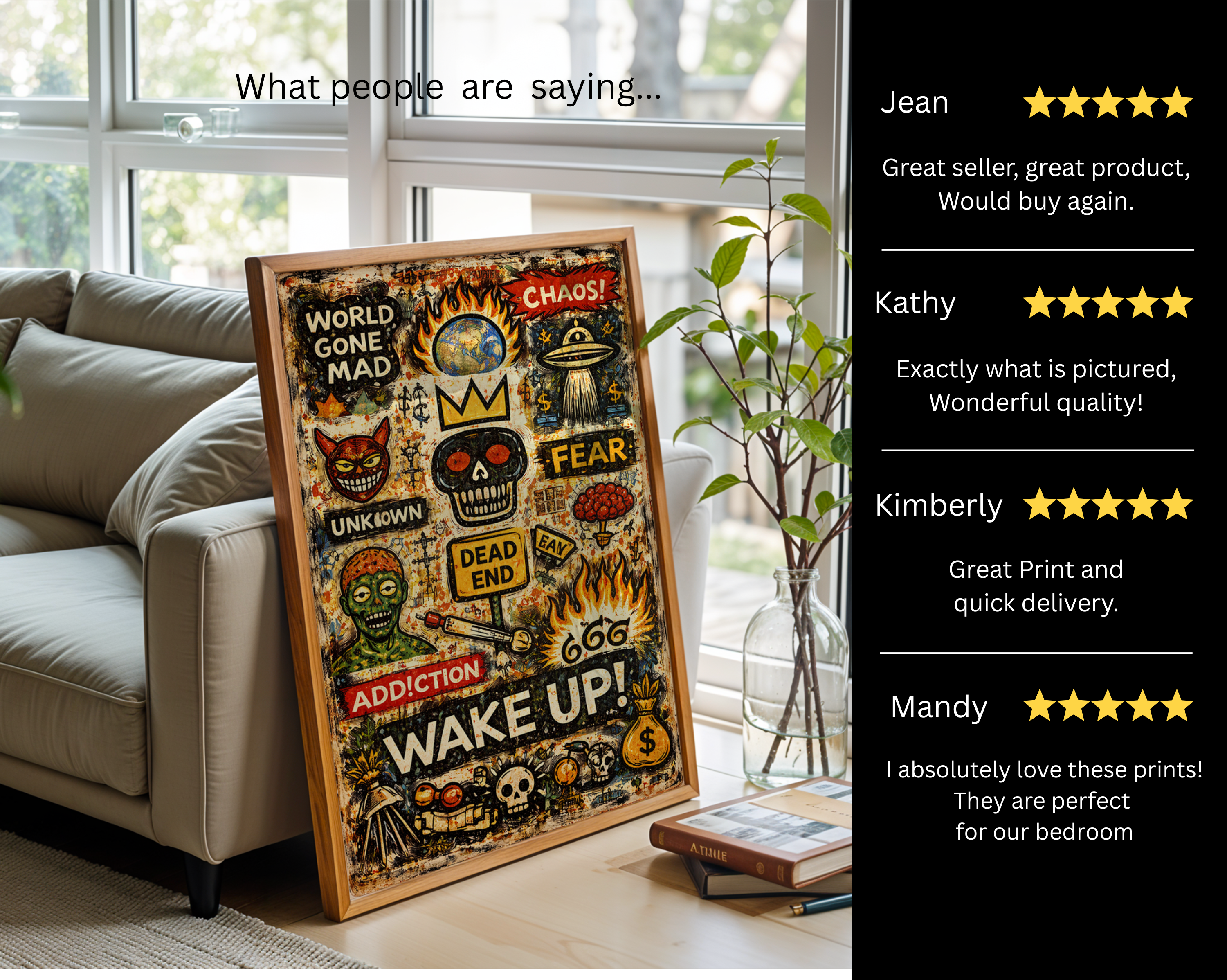 Wake Up – Basquiat Inspired World Gone Mad Neo-Expressionist Graffiti Wall Art