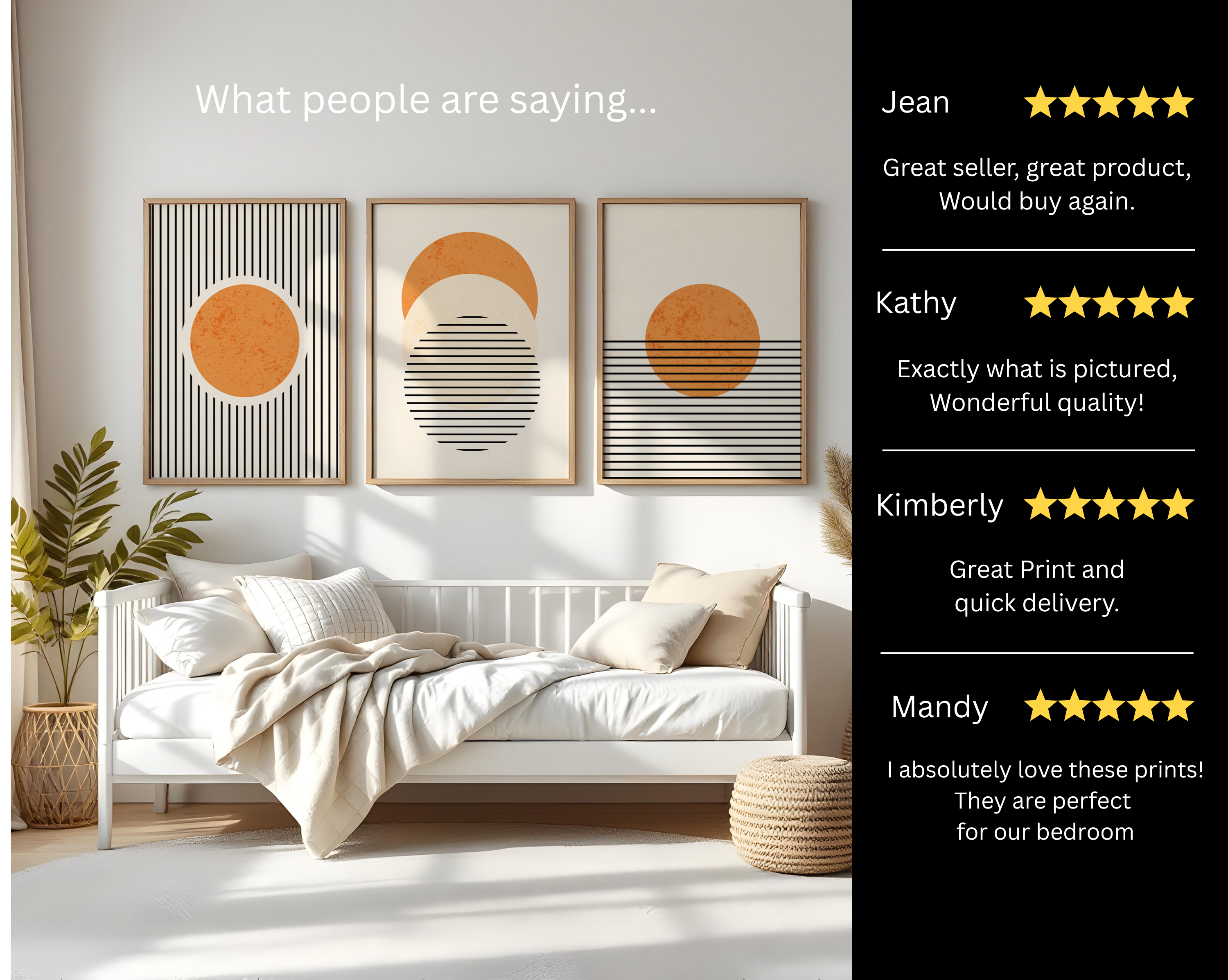 MID-CENTURY BOHO SUN WALL ART SET – MINIMAL GEOMETRIC ORANGE ABSTRACT PRINTS