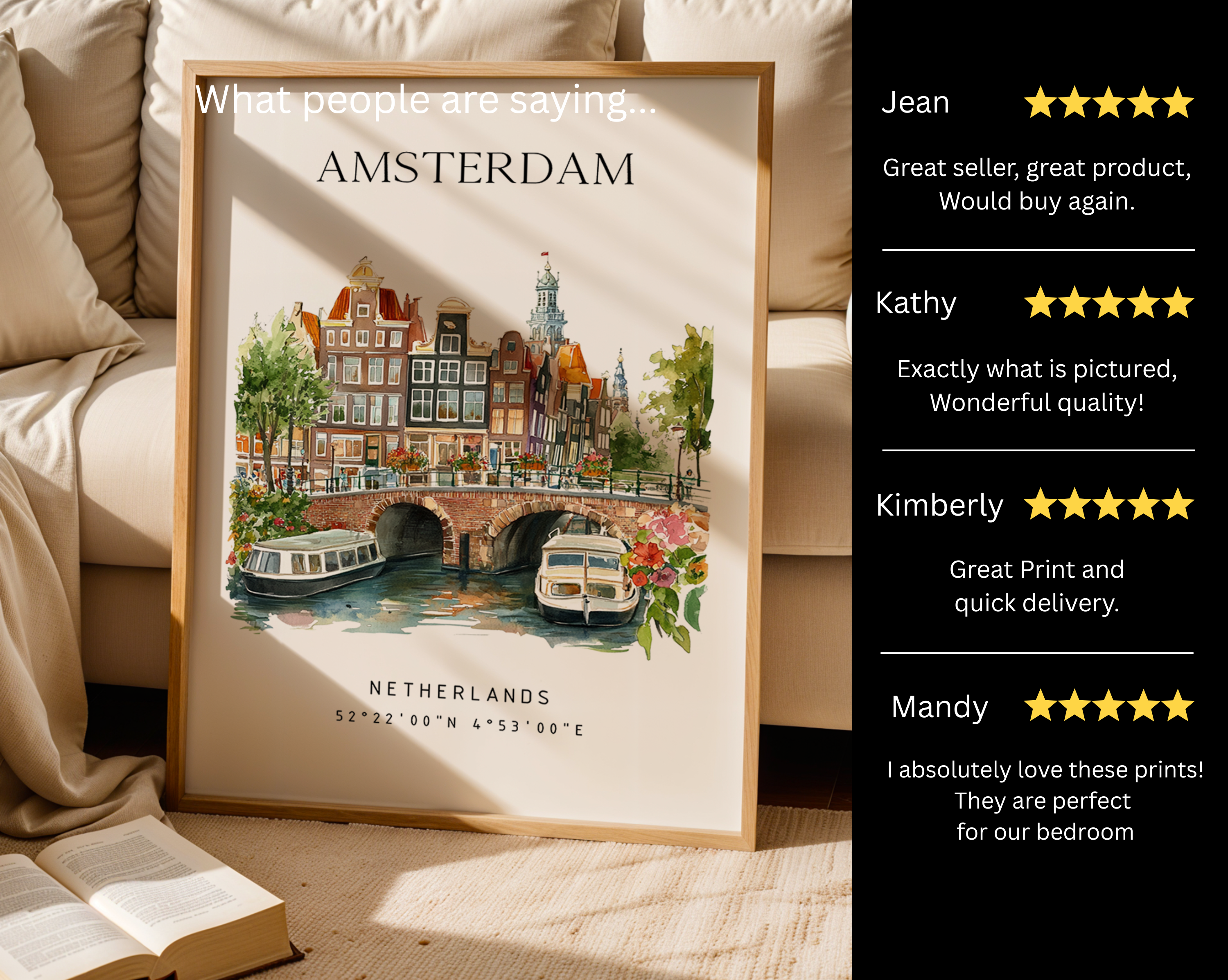 Amsterdam Netherlands Travel Print – Canal Houses Watercolor European City Wall Art