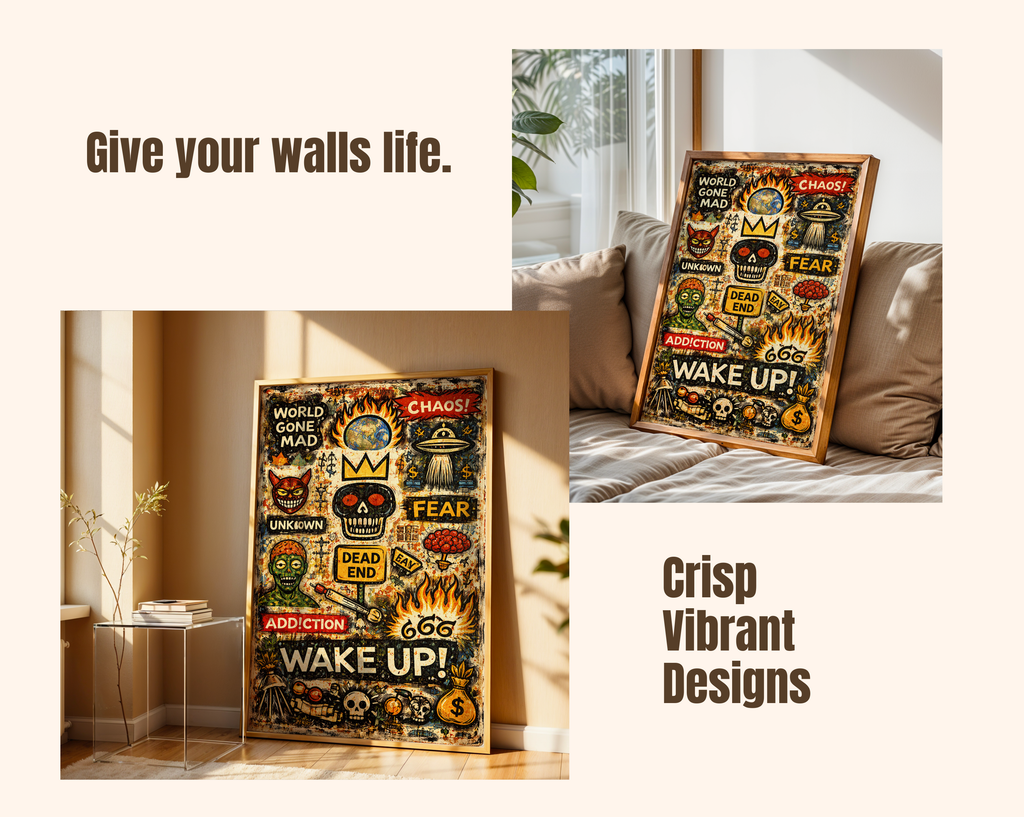 Wake Up – Basquiat Inspired World Gone Mad Neo-Expressionist Graffiti Wall Art