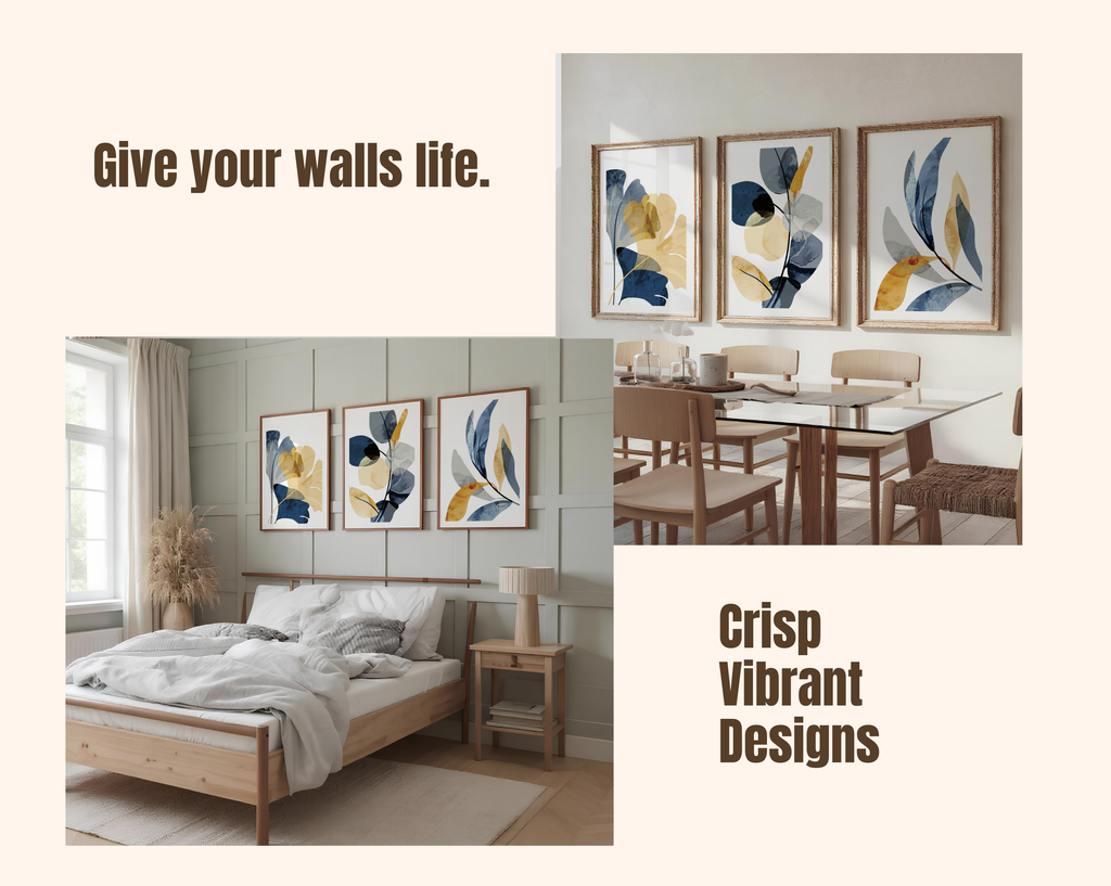 MODERN BLUE & OCHRE BOTANICAL WALL ART SET – ABSTRACT FLORAL PRINTS