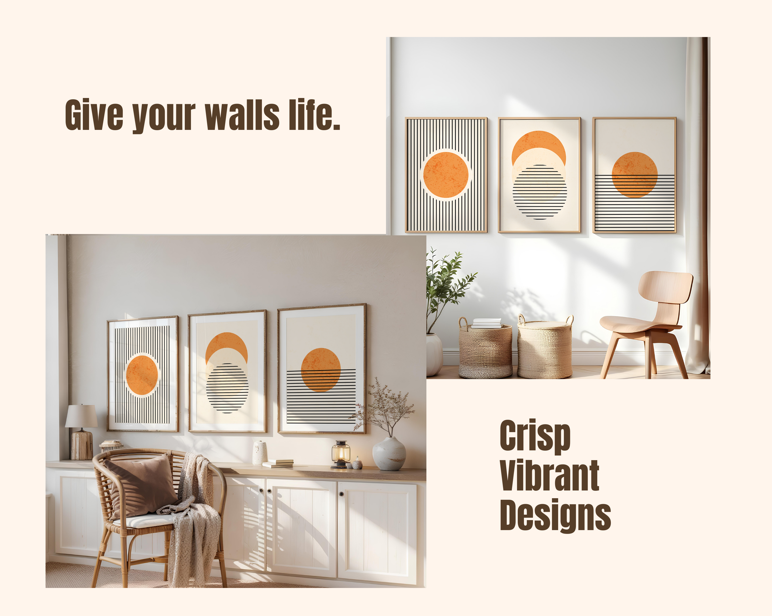 MID-CENTURY BOHO SUN WALL ART SET – MINIMAL GEOMETRIC ORANGE ABSTRACT PRINTS