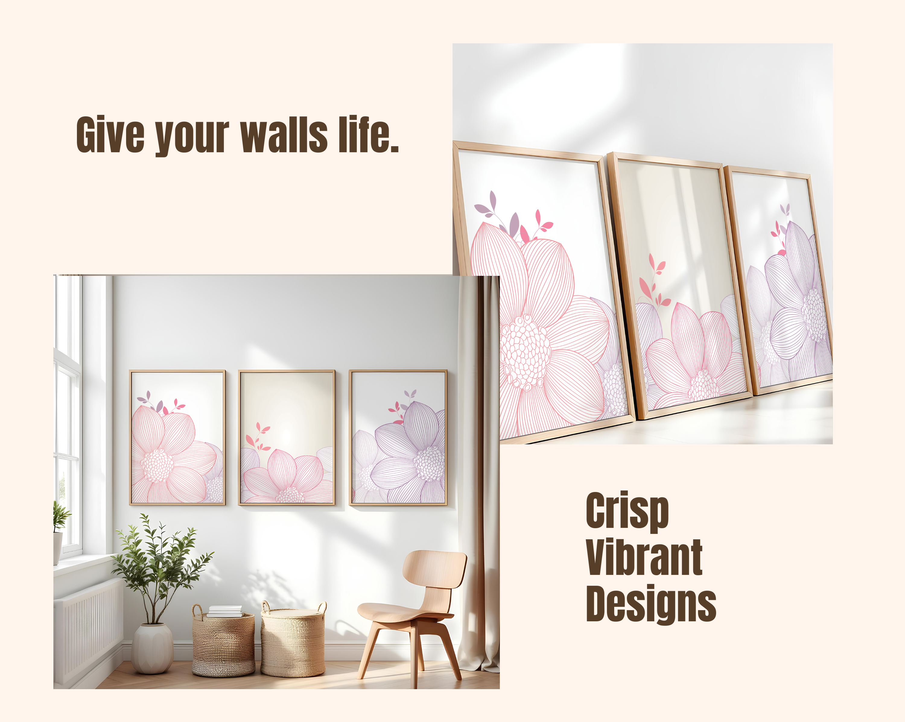 PINK & LILAC FLORAL LINE WALL ART SET – MODERN MINIMALIST FLOWER PRINTS