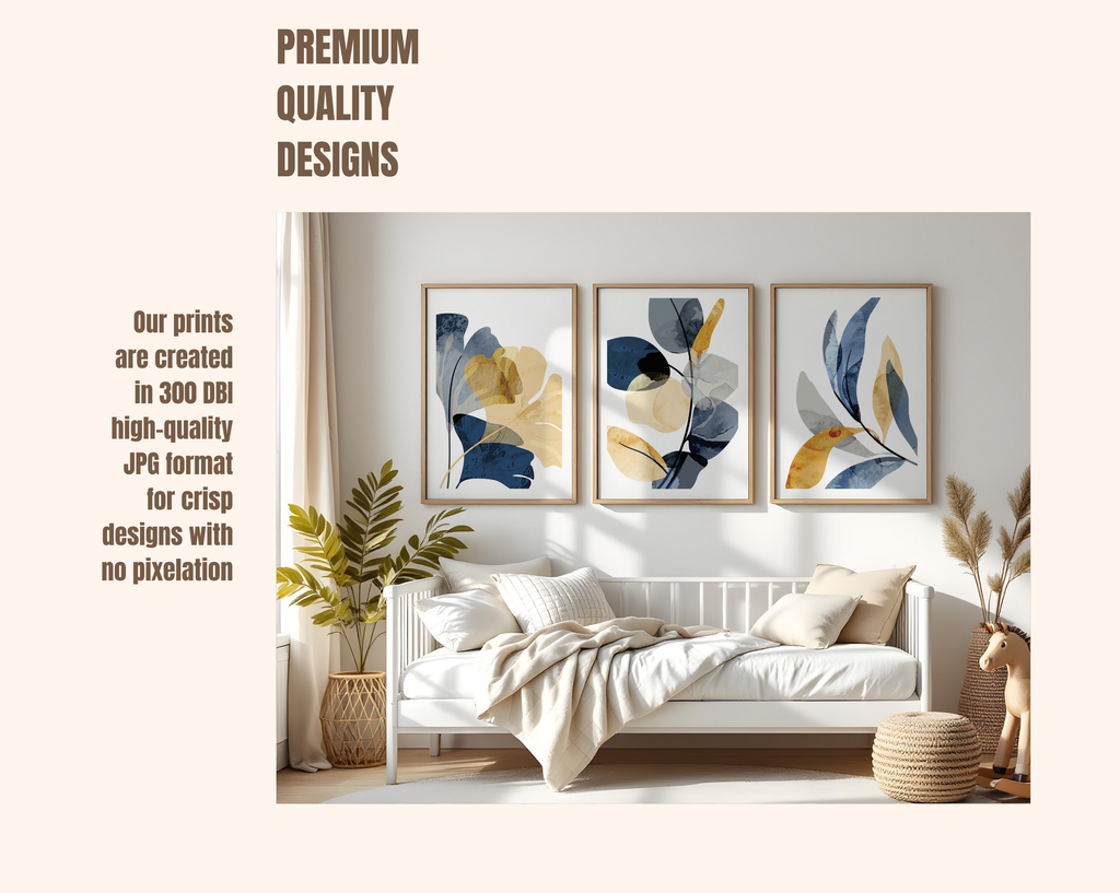 MODERN BLUE & OCHRE BOTANICAL WALL ART SET – ABSTRACT FLORAL PRINTS