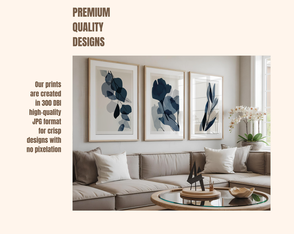 BLUE BOTANICAL ABSTRACT WALL ART SET – MODERN MINIMALIST FLORAL PRINTS