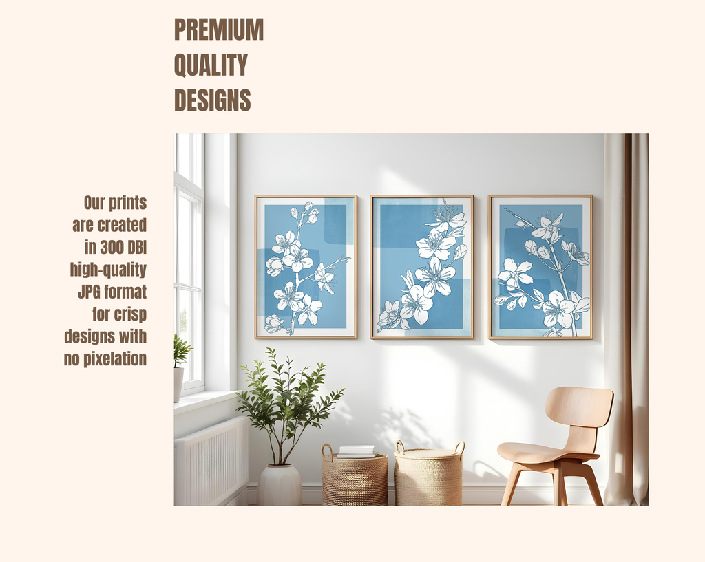 BLUE FLORAL WALL ART SET – MINIMALIST BOTANICAL LINE DRAWING PRINTS