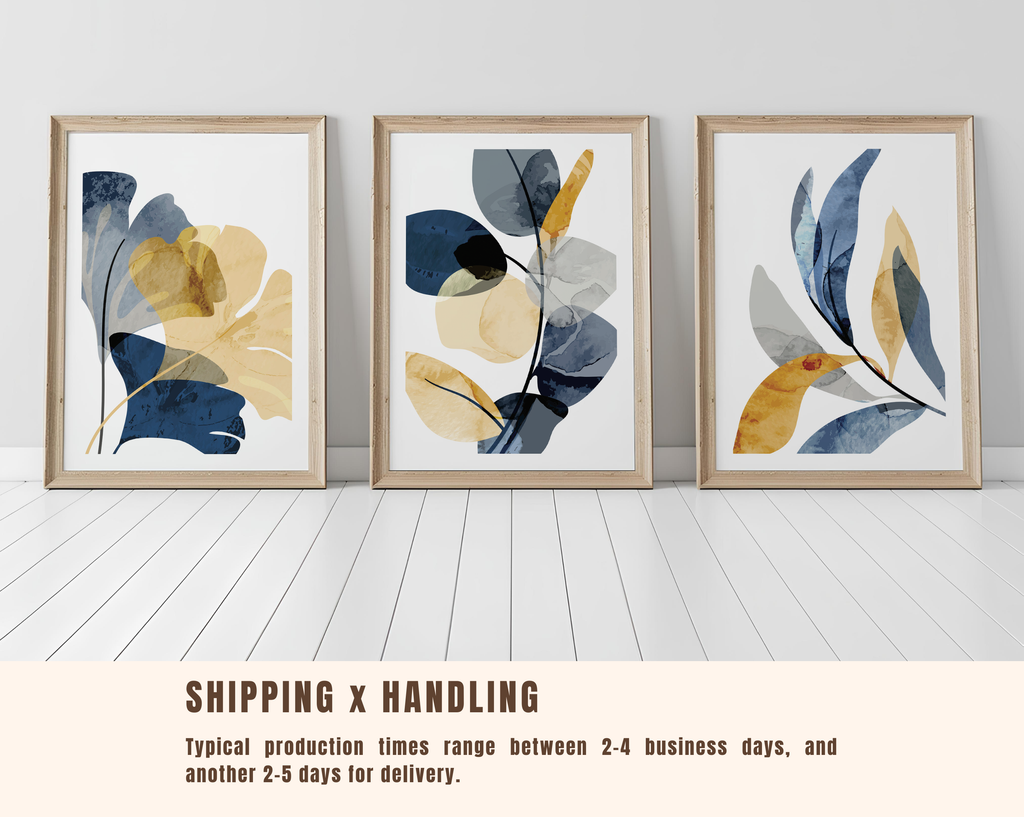 MODERN BLUE & OCHRE BOTANICAL WALL ART SET – ABSTRACT FLORAL PRINTS