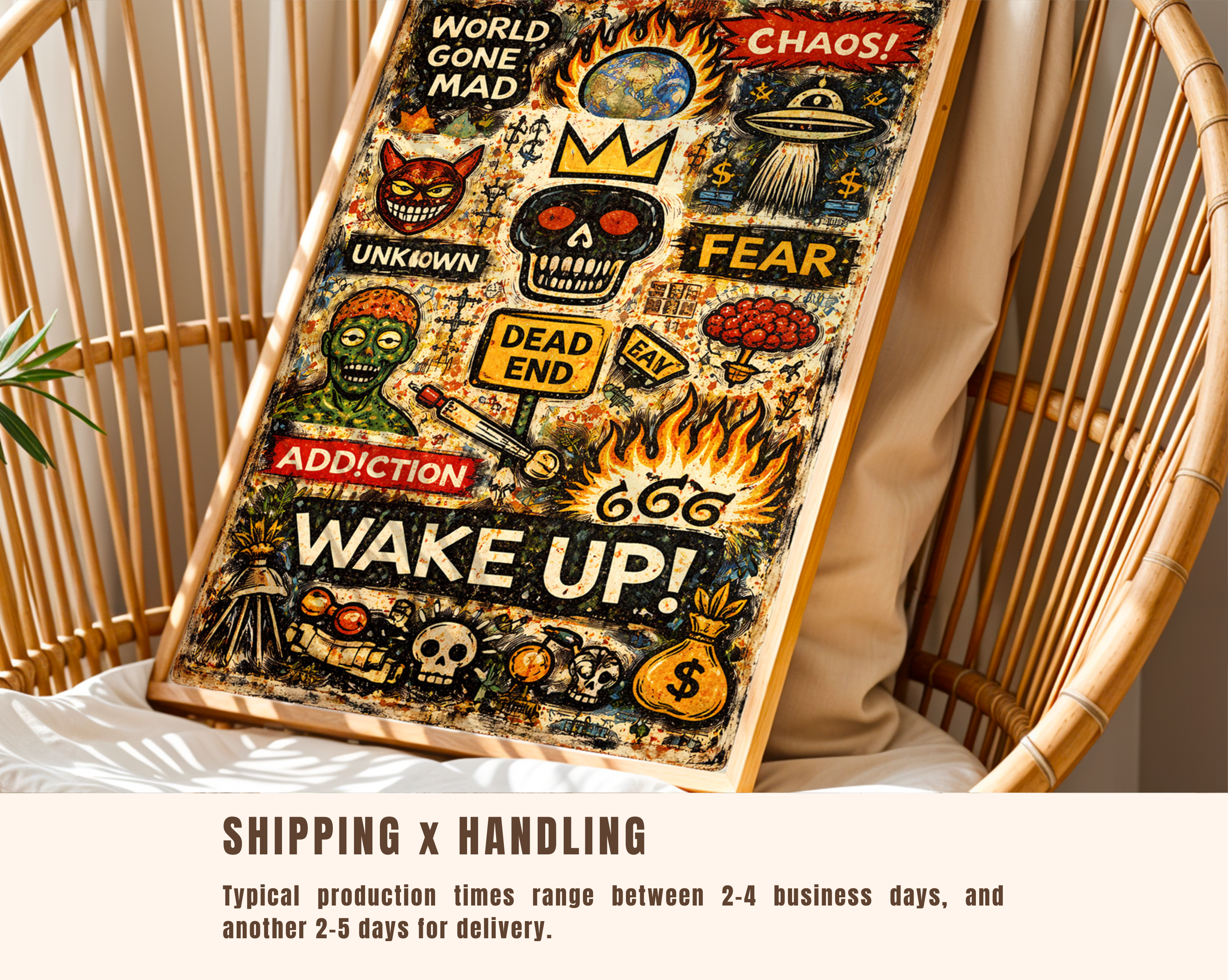 Wake Up – Basquiat Inspired World Gone Mad Neo-Expressionist Graffiti Wall Art