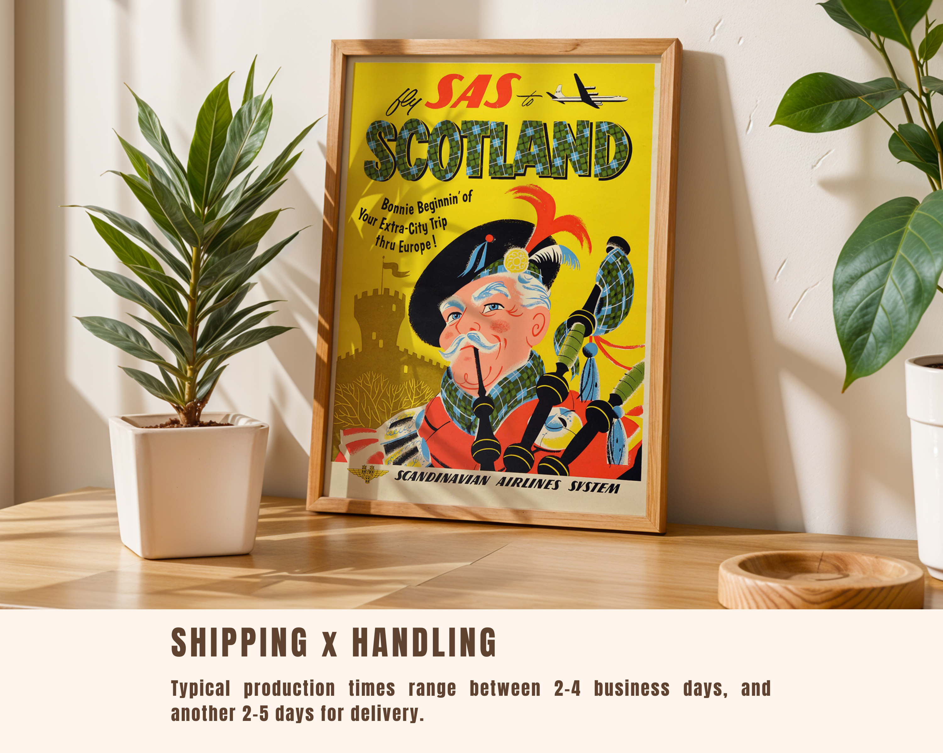SCOTLAND VINTAGE TRAVEL POSTER – FLY SAS BAGPIPER WALL ART PRINT