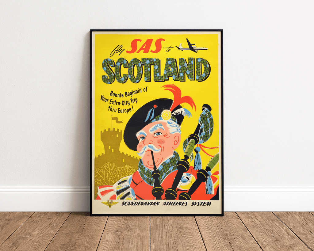 SCOTLAND VINTAGE TRAVEL POSTER – FLY SAS BAGPIPER WALL ART PRINT