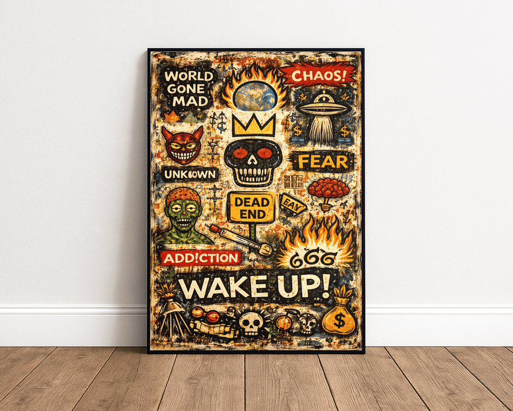 Wake Up – Basquiat Inspired World Gone Mad Neo-Expressionist Graffiti Wall Art