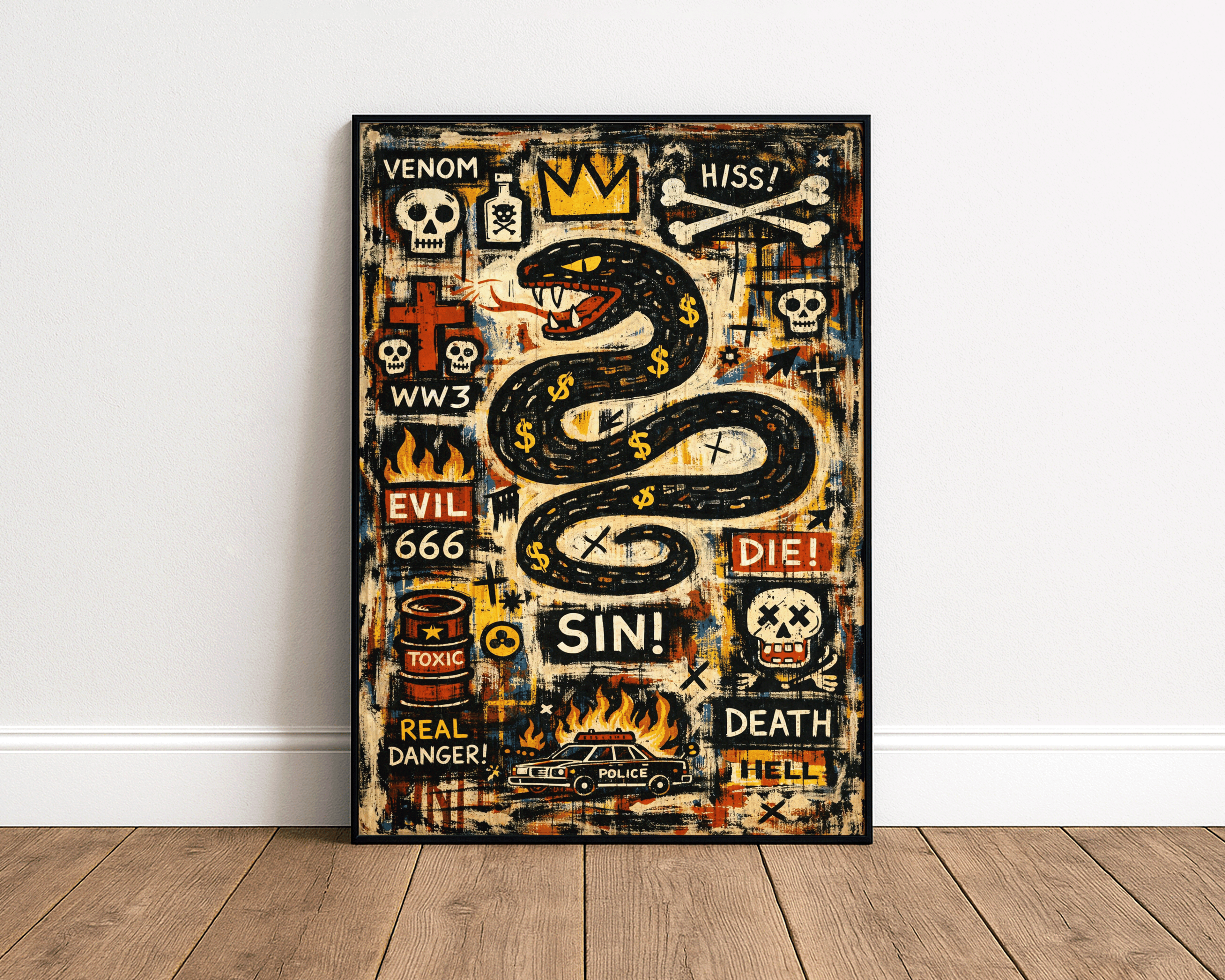 Venom & Sin – Basquiat Inspired Neo-Expressionist Snake Graffiti Wall Art