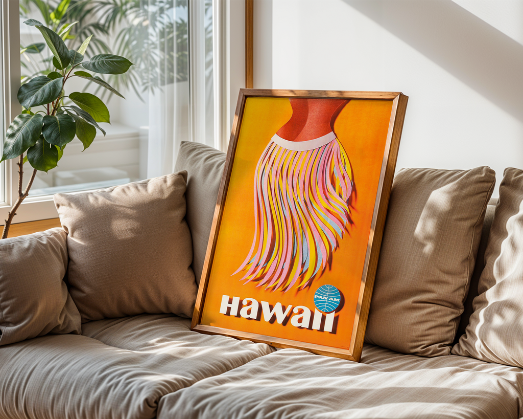 HAWAII VINTAGE PAN AM TRAVEL POSTER – HULA SKIRT MID-CENTURY