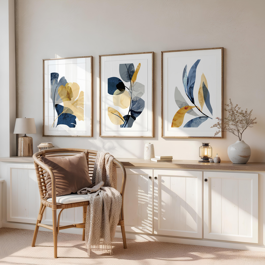 MODERN BLUE & OCHRE BOTANICAL WALL ART SET – ABSTRACT FLORAL PRINTS