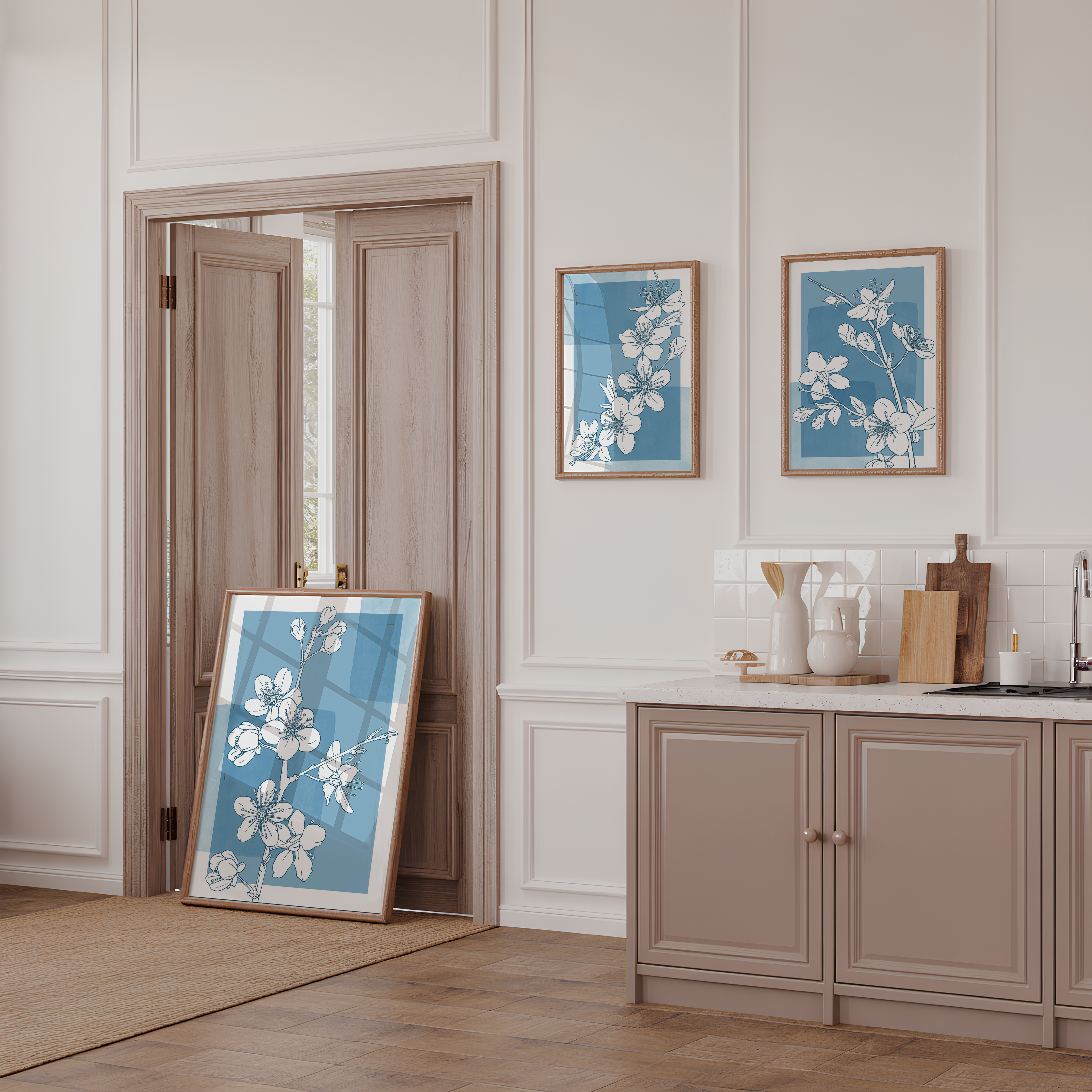BLUE FLORAL WALL ART SET – MINIMALIST BOTANICAL LINE DRAWING PRINTS