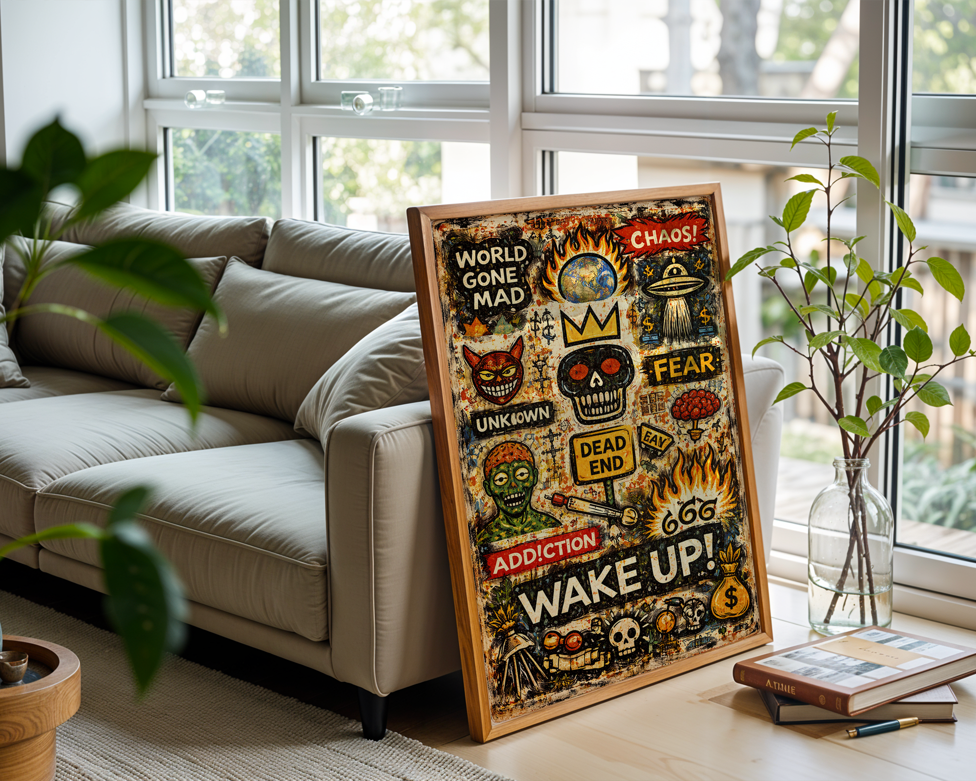Wake Up – Basquiat Inspired World Gone Mad Neo-Expressionist Graffiti Wall Art