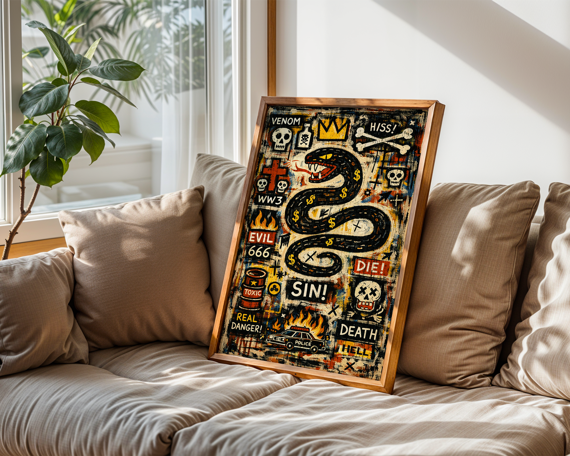 Venom & Sin – Basquiat Inspired Neo-Expressionist Snake Graffiti Wall Art