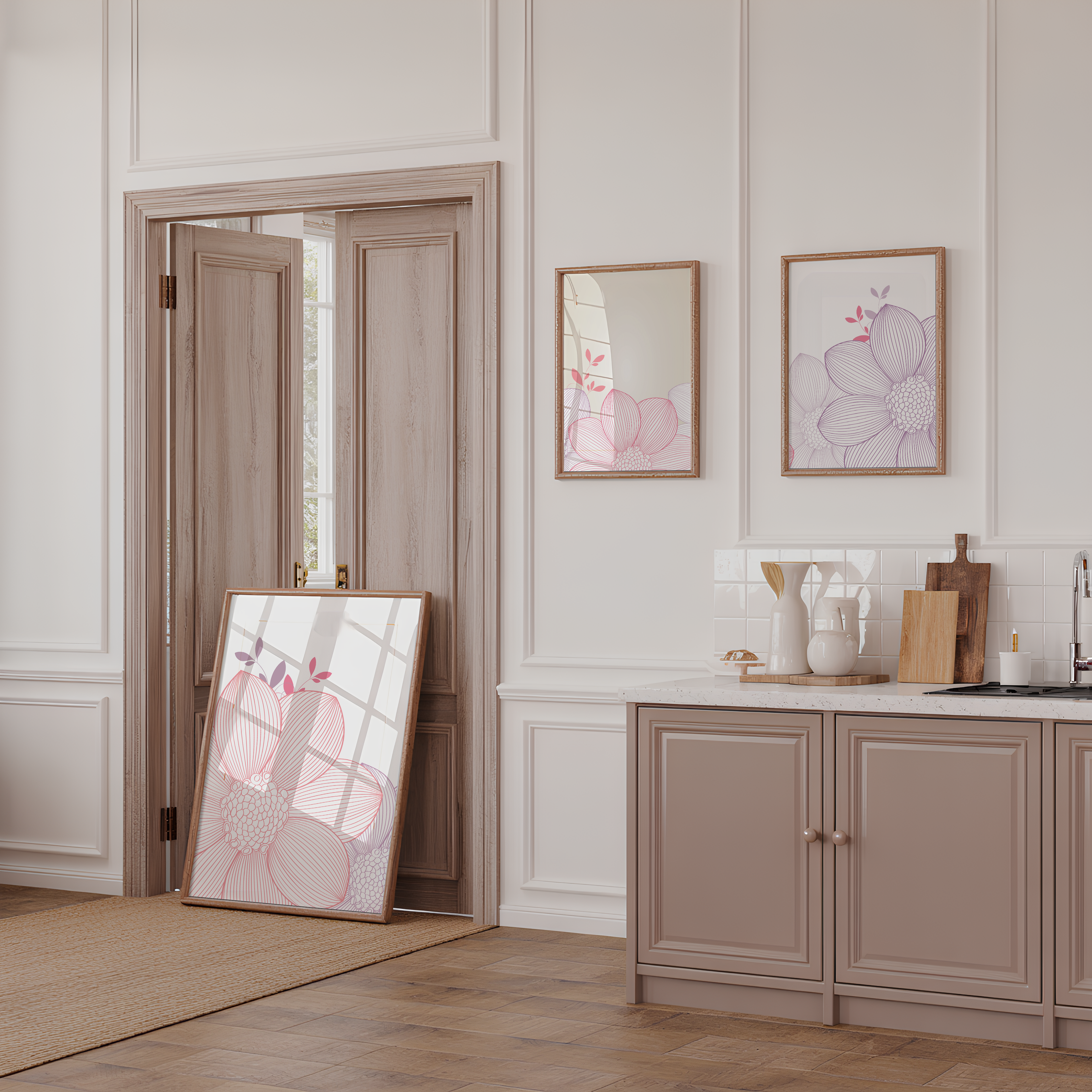 PINK & LILAC FLORAL LINE WALL ART SET – MODERN MINIMALIST FLOWER PRINTS