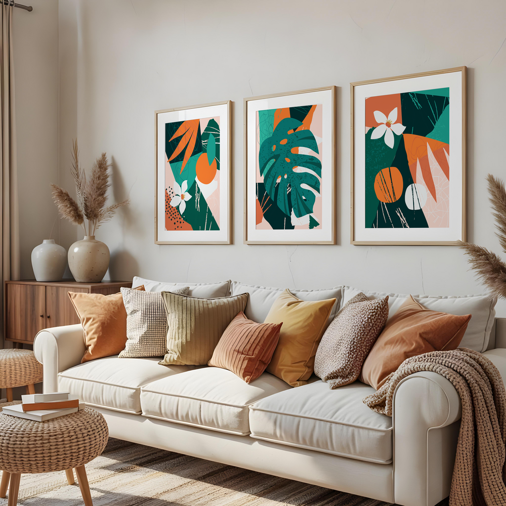 TROPICAL ABSTRACT BOTANICAL WALL ART SET – MODERN GREEN & TERRACOTTA