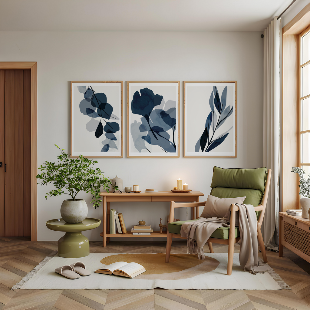 BLUE BOTANICAL ABSTRACT WALL ART SET – MODERN MINIMALIST FLORAL PRINTS