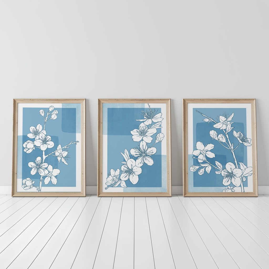 BLUE FLORAL WALL ART SET – MINIMALIST BOTANICAL LINE DRAWING PRINTS