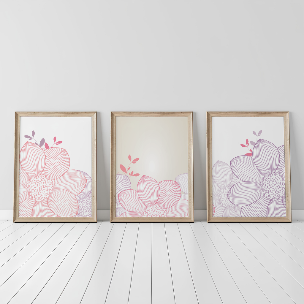 PINK & LILAC FLORAL LINE WALL ART SET – MODERN MINIMALIST FLOWER PRINTS