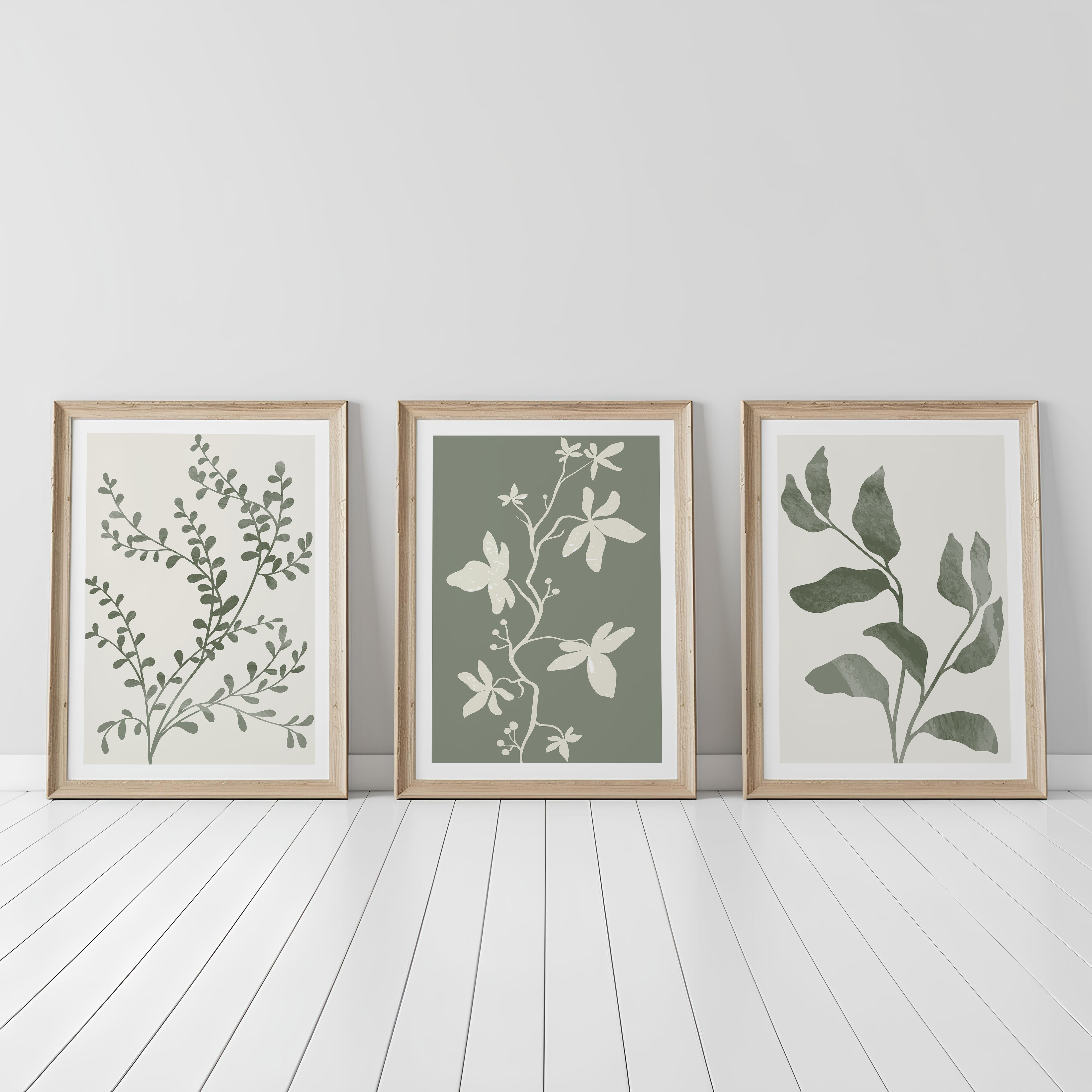 SAGE GREEN BOTANICAL WALL ART SET – MINIMALIST BOHO LEAF & FLORAL PRINTS