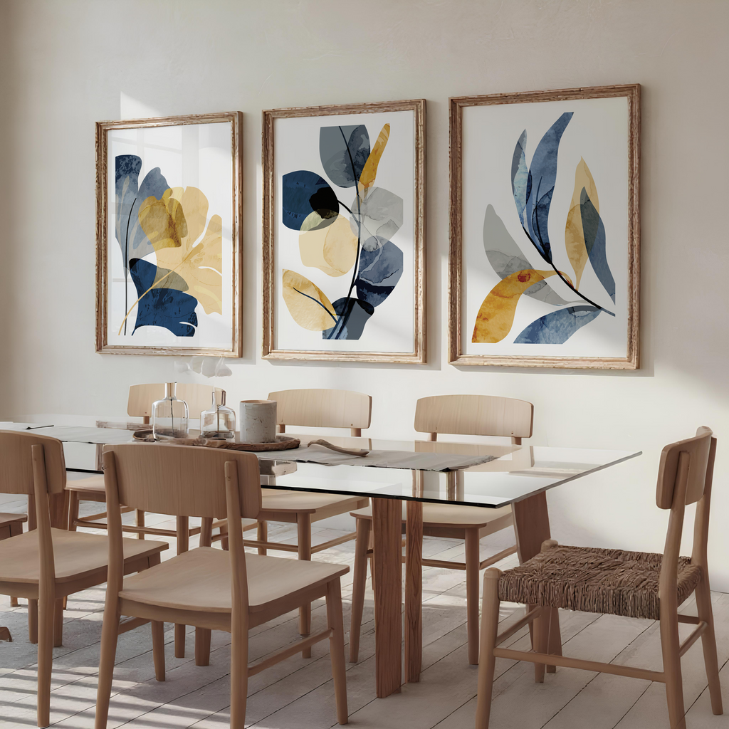 MODERN BLUE & OCHRE BOTANICAL WALL ART SET – ABSTRACT FLORAL PRINTS
