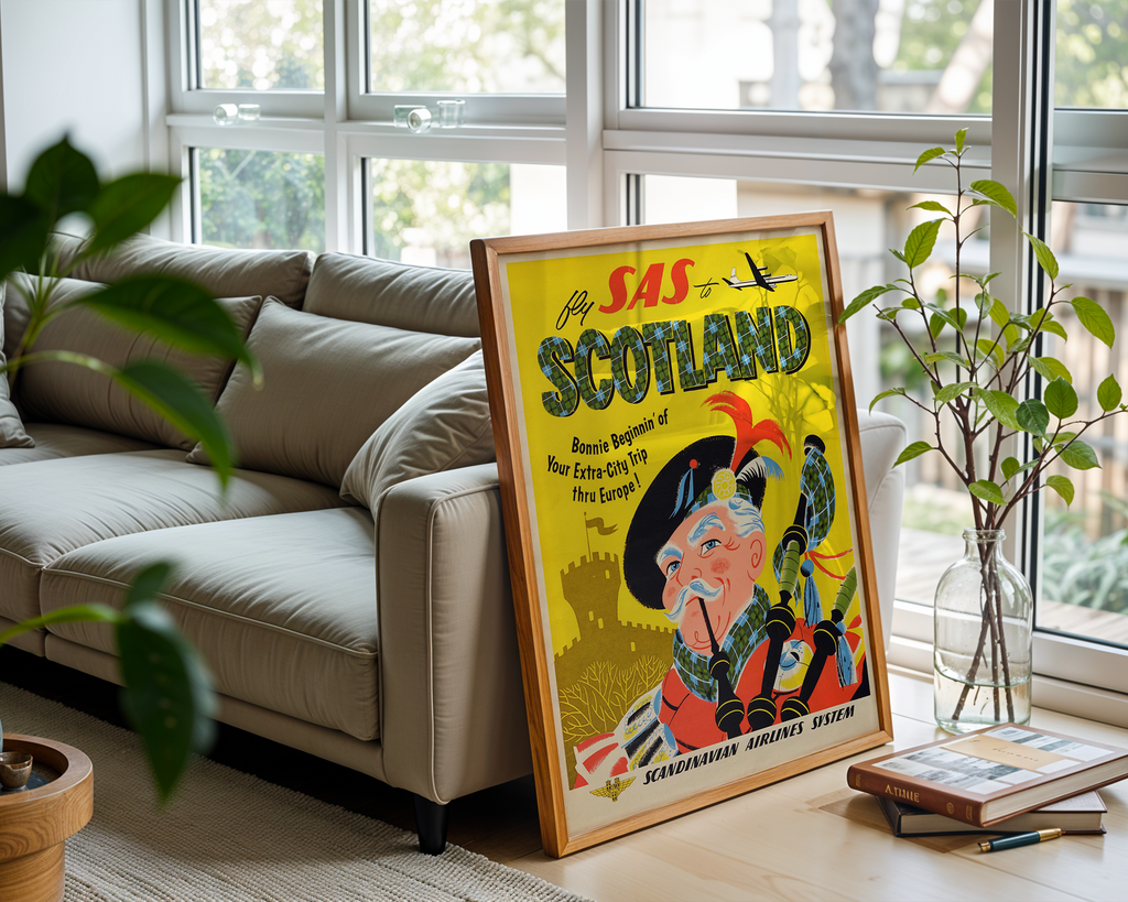 SCOTLAND VINTAGE TRAVEL POSTER – FLY SAS BAGPIPER WALL ART PRINT