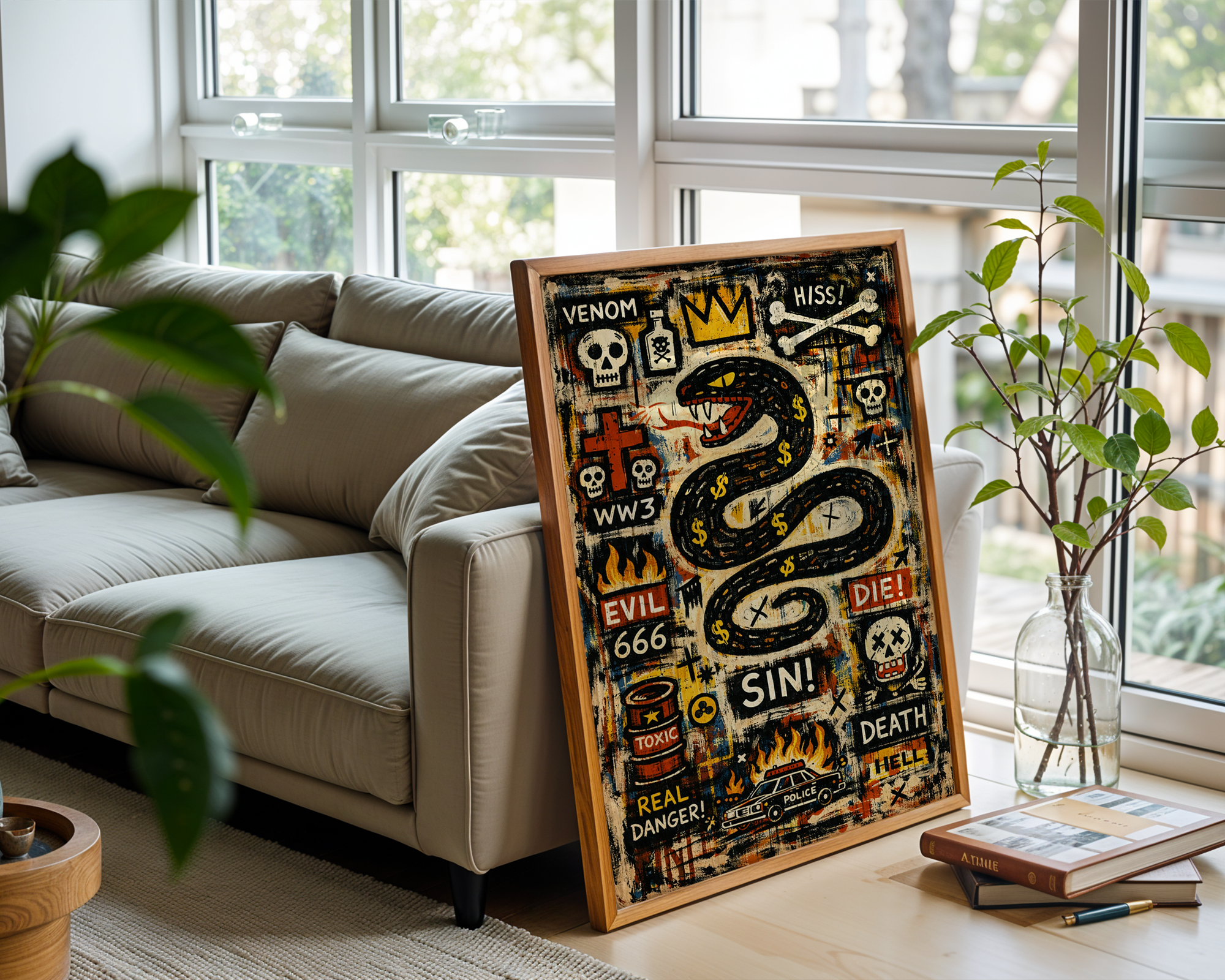 Venom & Sin – Basquiat Inspired Neo-Expressionist Snake Graffiti Wall Art