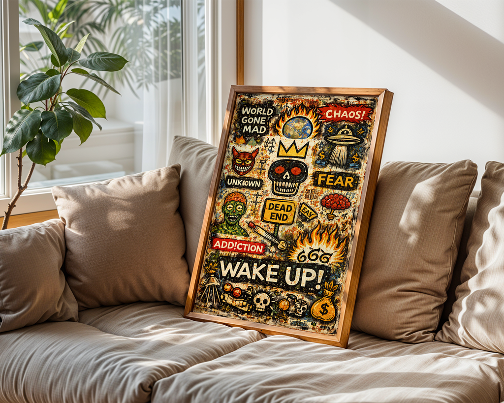 Wake Up – Basquiat Inspired World Gone Mad Neo-Expressionist Graffiti Wall Art