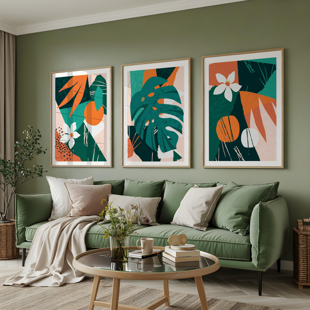 TROPICAL ABSTRACT BOTANICAL WALL ART SET – MODERN GREEN & TERRACOTTA