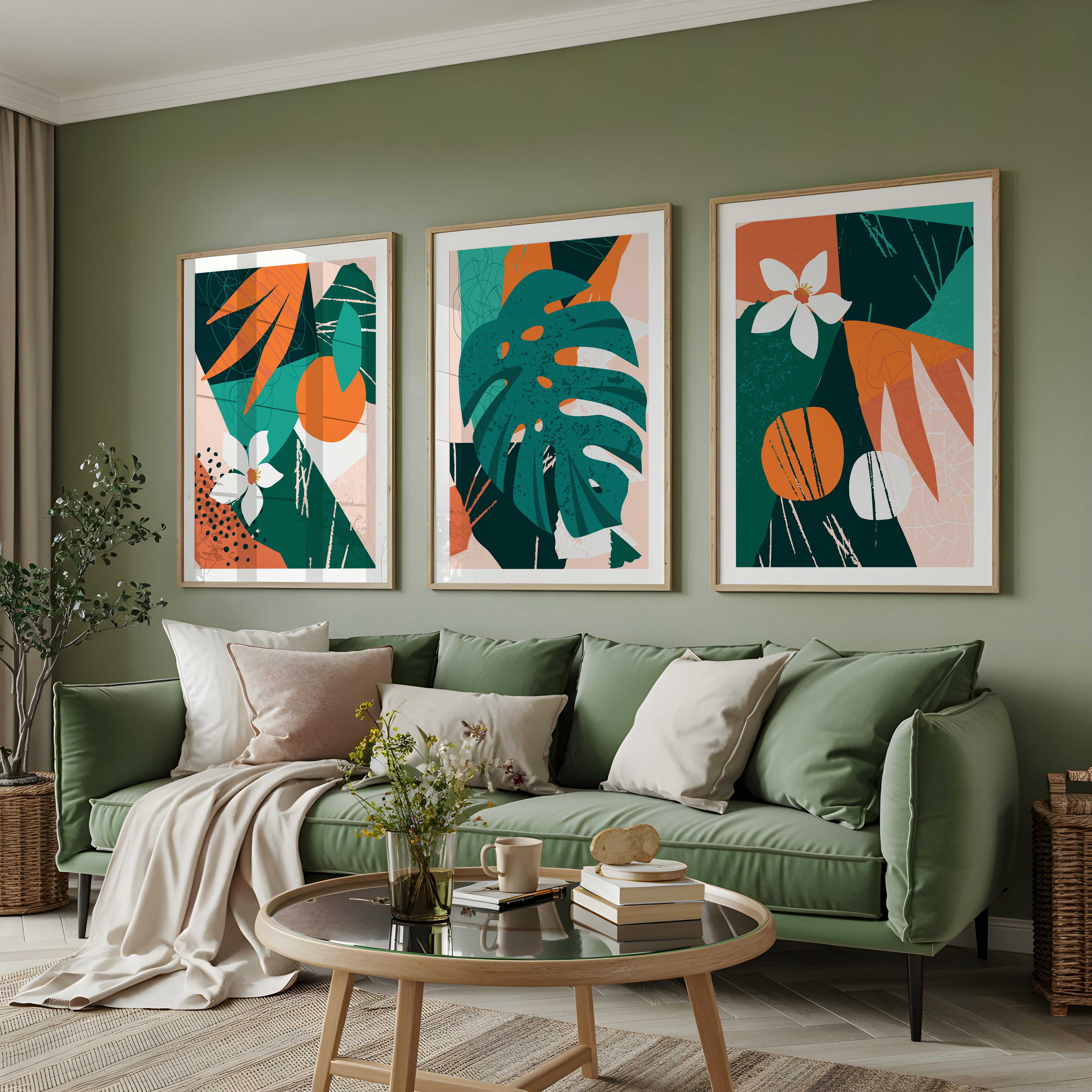 TROPICAL ABSTRACT BOTANICAL WALL ART SET – MODERN GREEN & TERRACOTTA