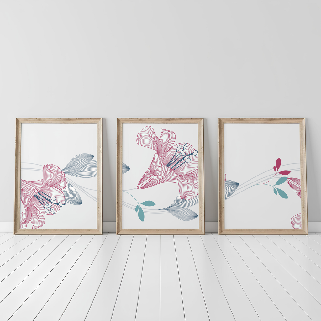 PINK & BLUE FLORAL LINE WALL ART SET – MODERN BOTANICAL