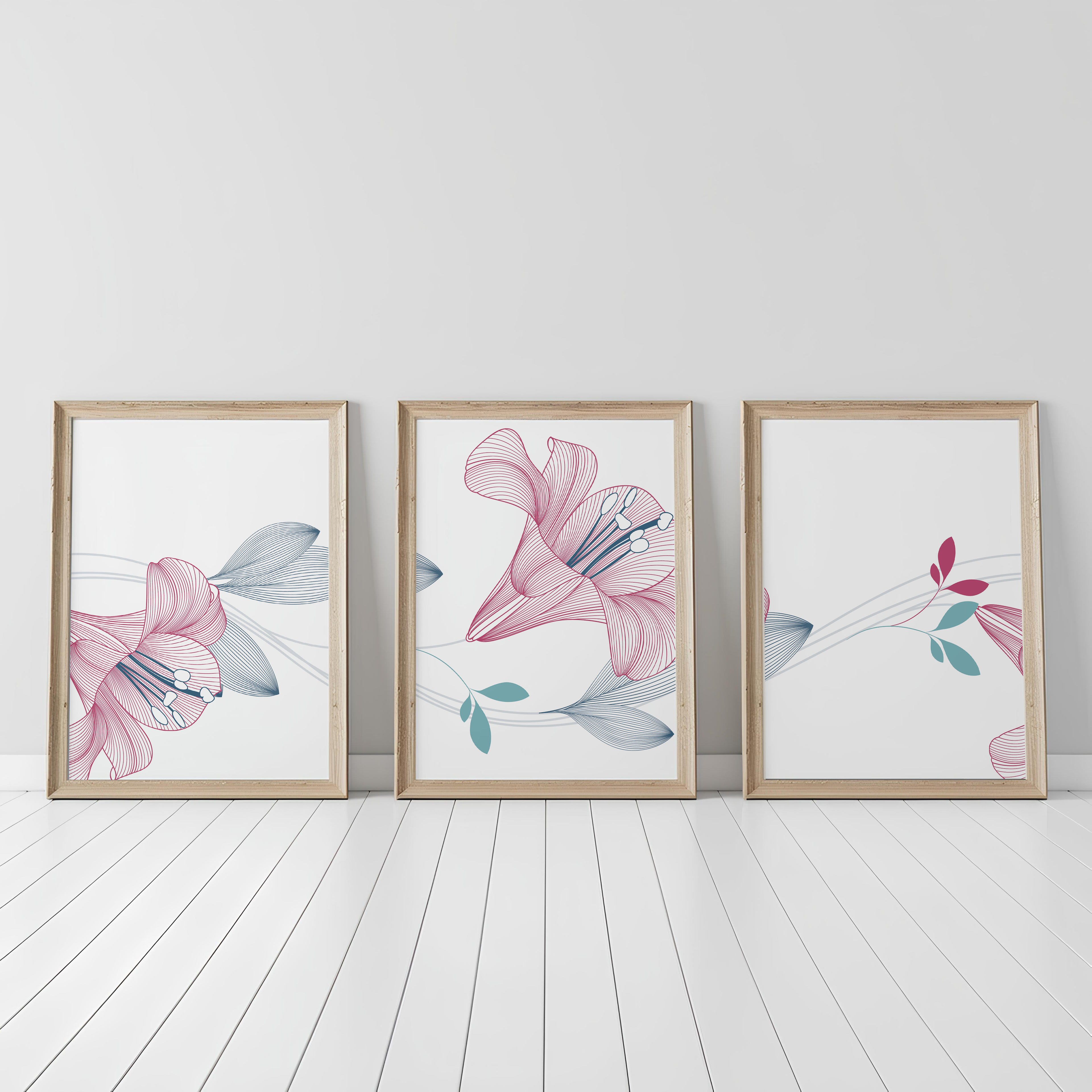 PINK & BLUE FLORAL LINE WALL ART SET – MODERN BOTANICAL