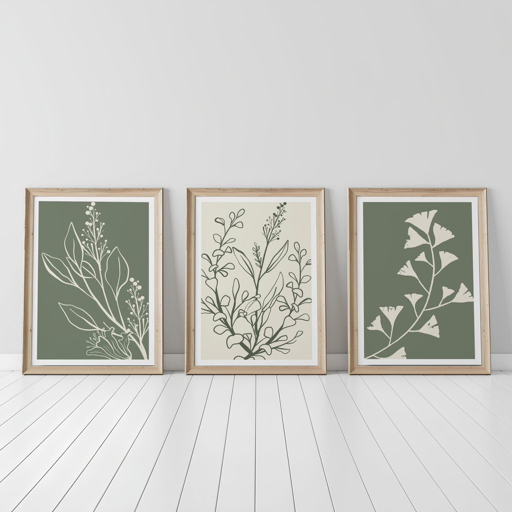 SAGE GREEN BOTANICAL WALL ART SET – MINIMALIST FLORAL LINE PRINTS