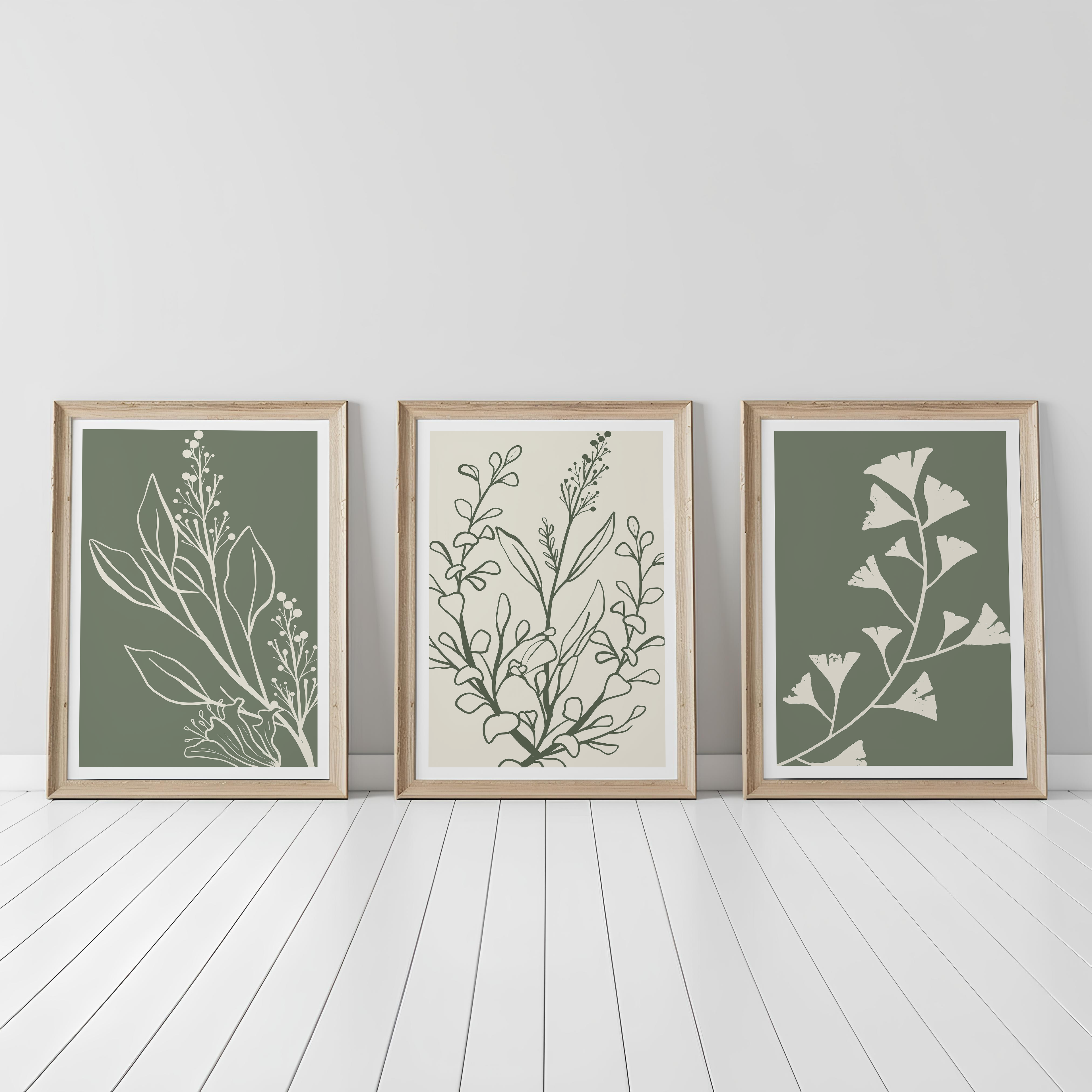 SAGE GREEN BOTANICAL WALL ART SET – MINIMALIST FLORAL LINE PRINTS