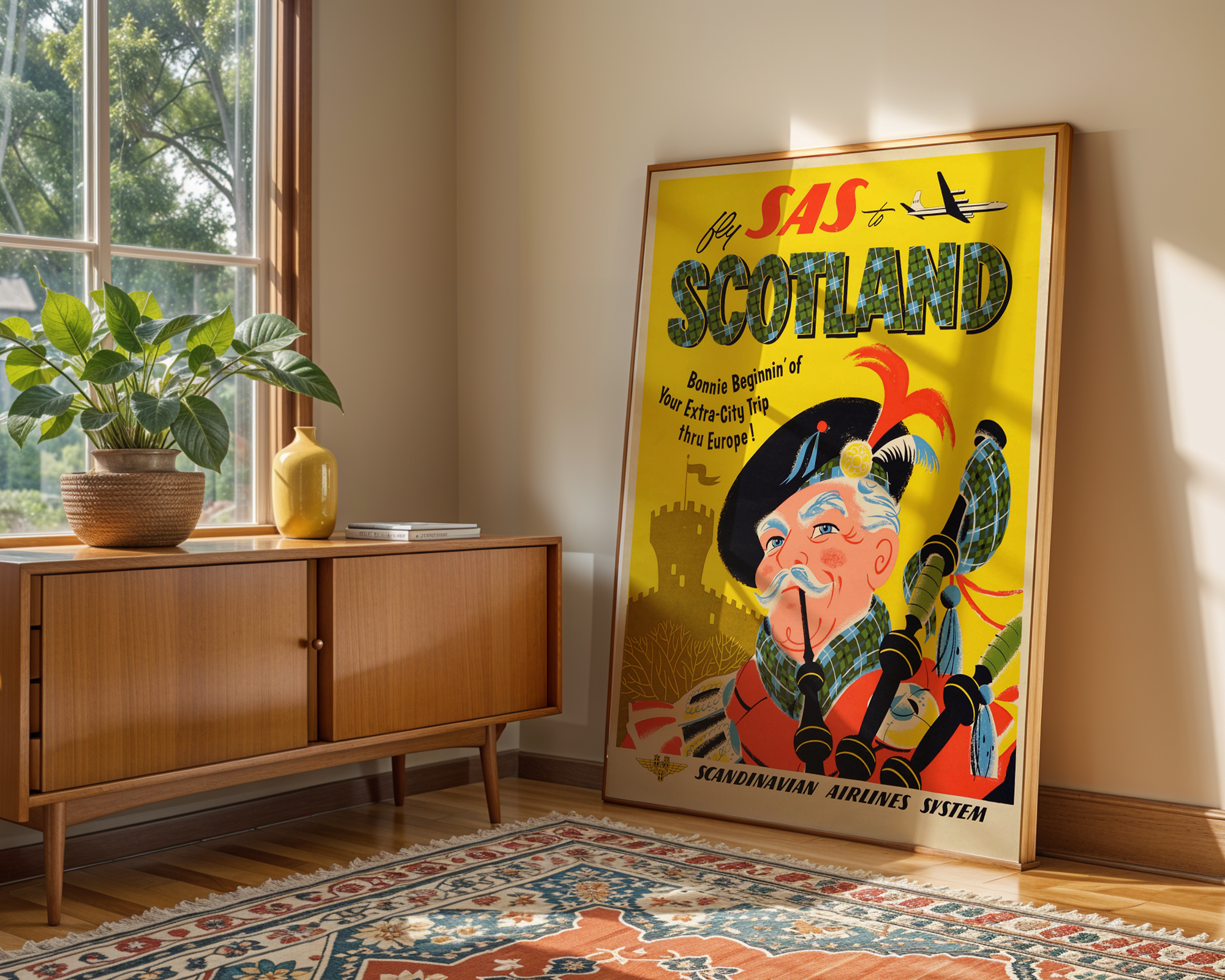 SCOTLAND VINTAGE TRAVEL POSTER – FLY SAS BAGPIPER WALL ART PRINT