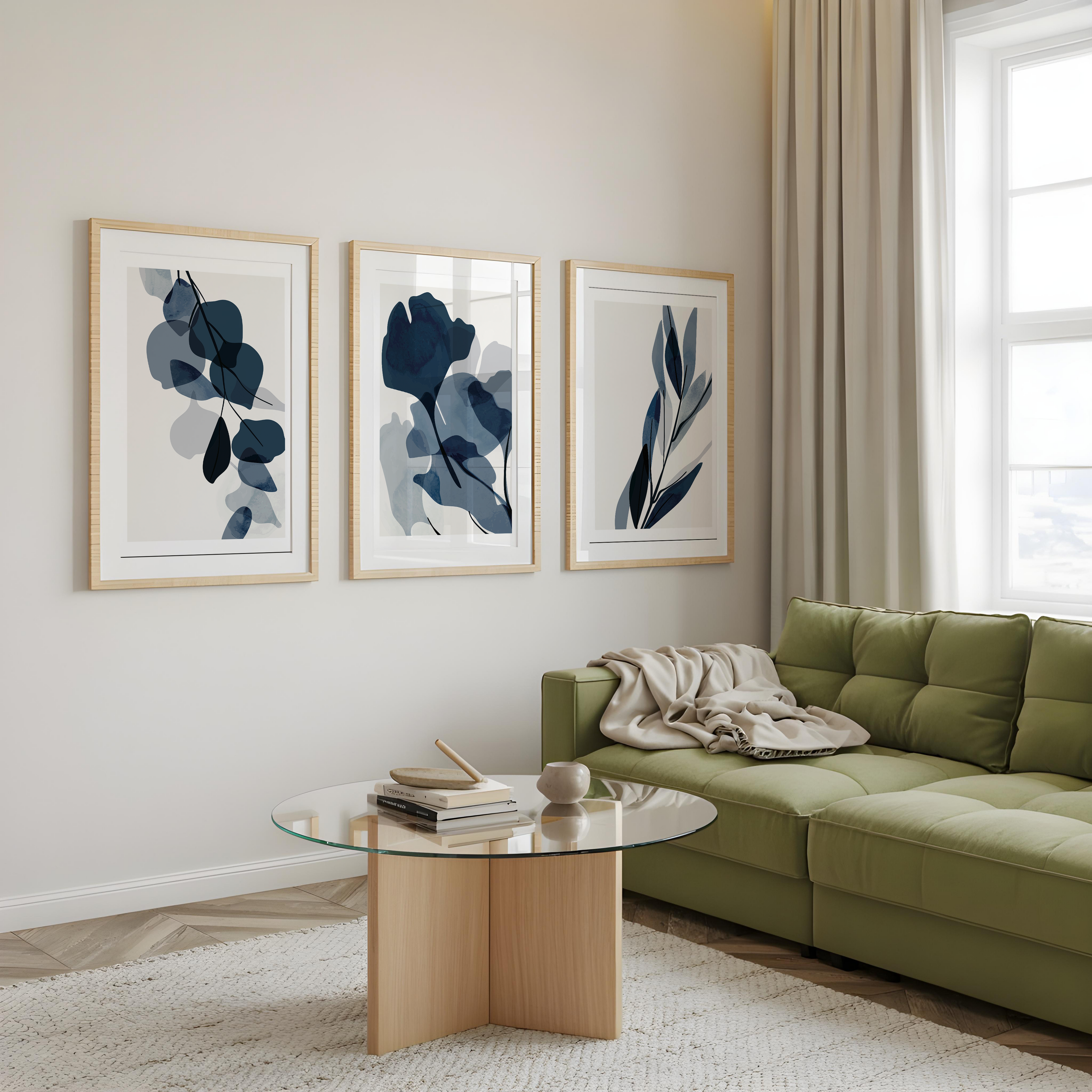BLUE BOTANICAL ABSTRACT WALL ART SET – MODERN MINIMALIST FLORAL PRINTS