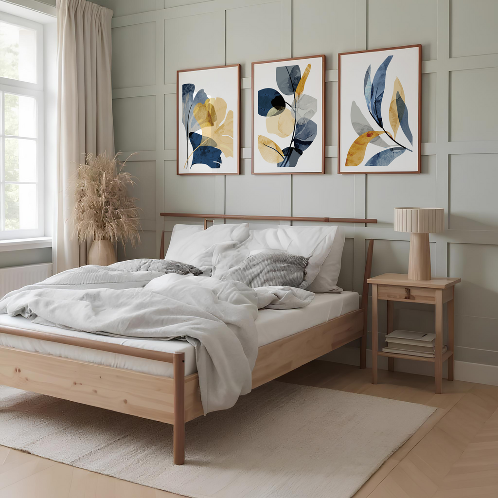 MODERN BLUE & OCHRE BOTANICAL WALL ART SET – ABSTRACT FLORAL PRINTS