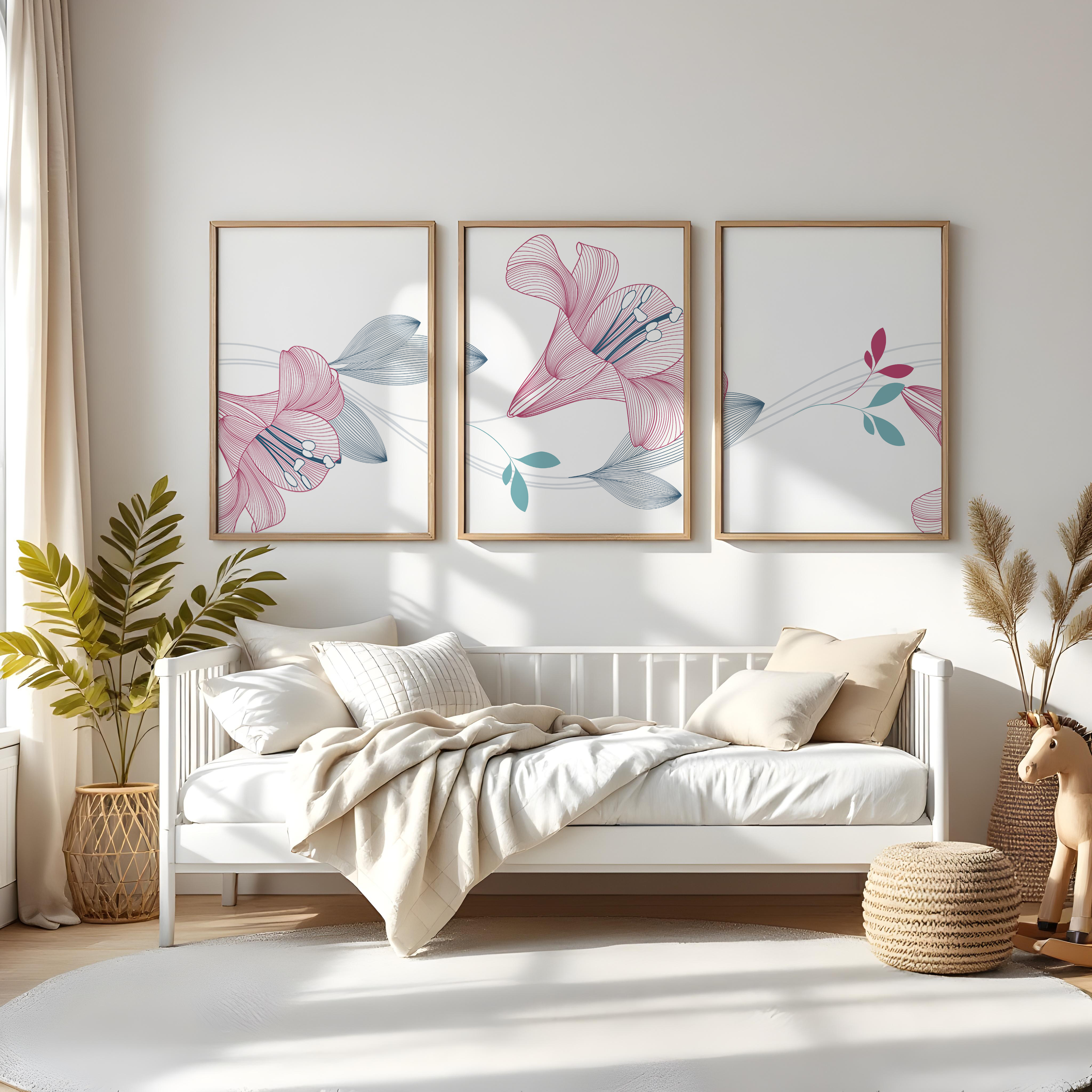 PINK & BLUE FLORAL LINE WALL ART SET – MODERN BOTANICAL