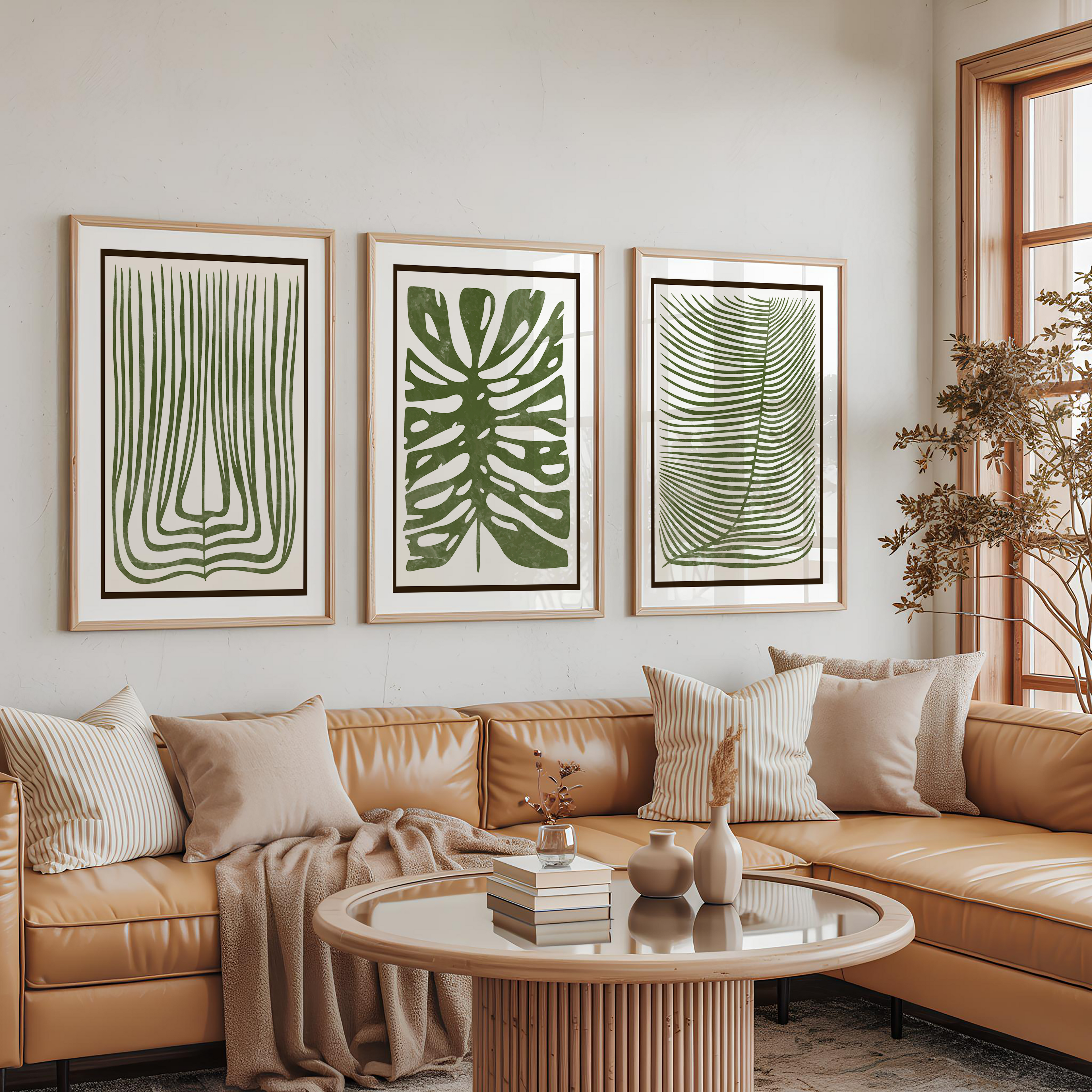GREEN BOTANICAL BOHO WALL ART SET – TROPICAL LEAF MINIMALIST PRINTS