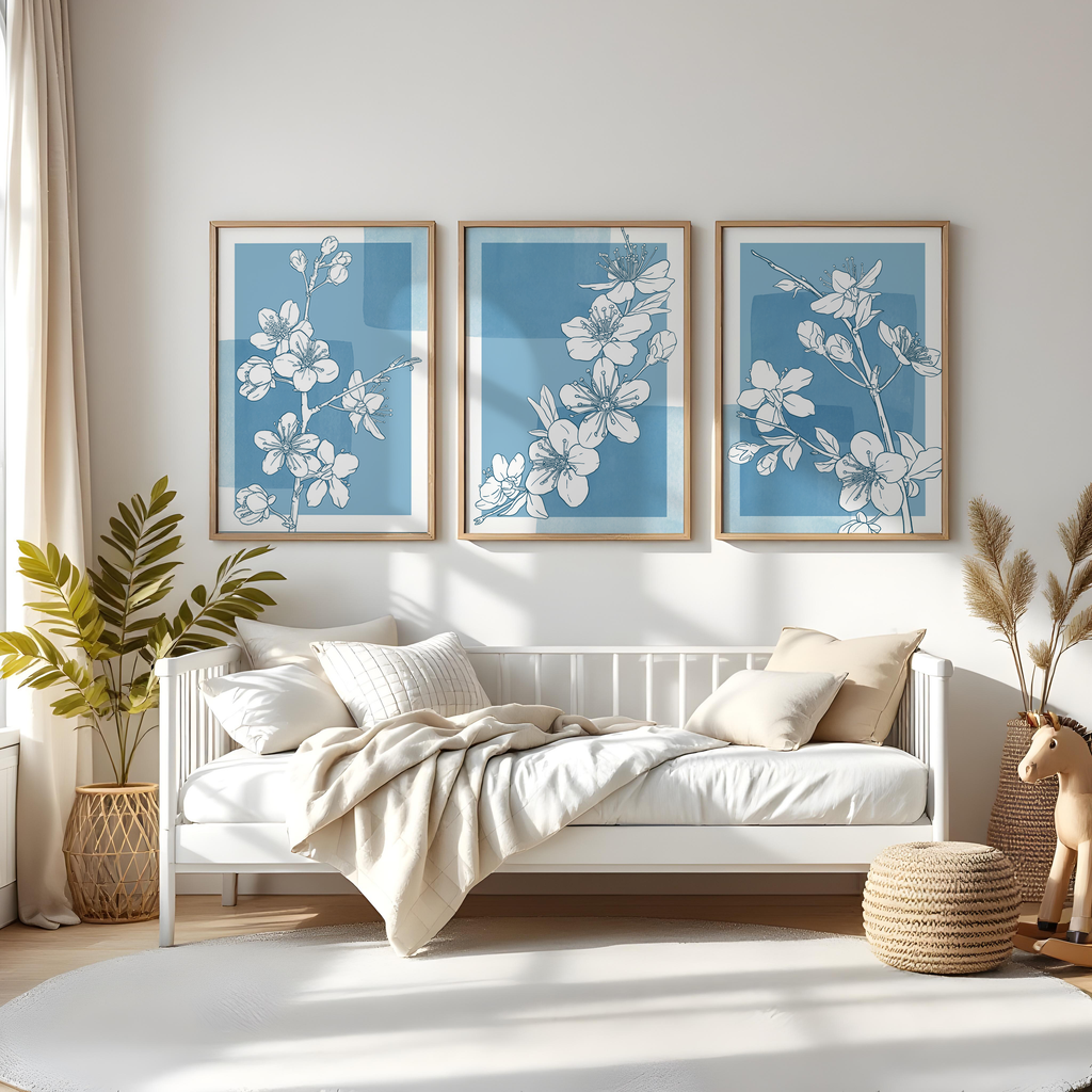 BLUE FLORAL WALL ART SET – MINIMALIST BOTANICAL LINE DRAWING PRINTS
