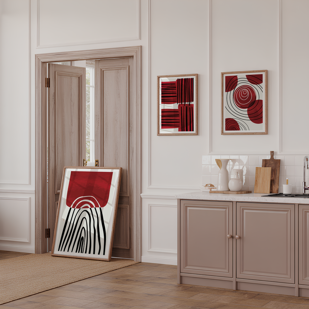 RED & BLACK ABSTRACT WALL ART SET – MODERN GEOMETRIC MINIMALIST