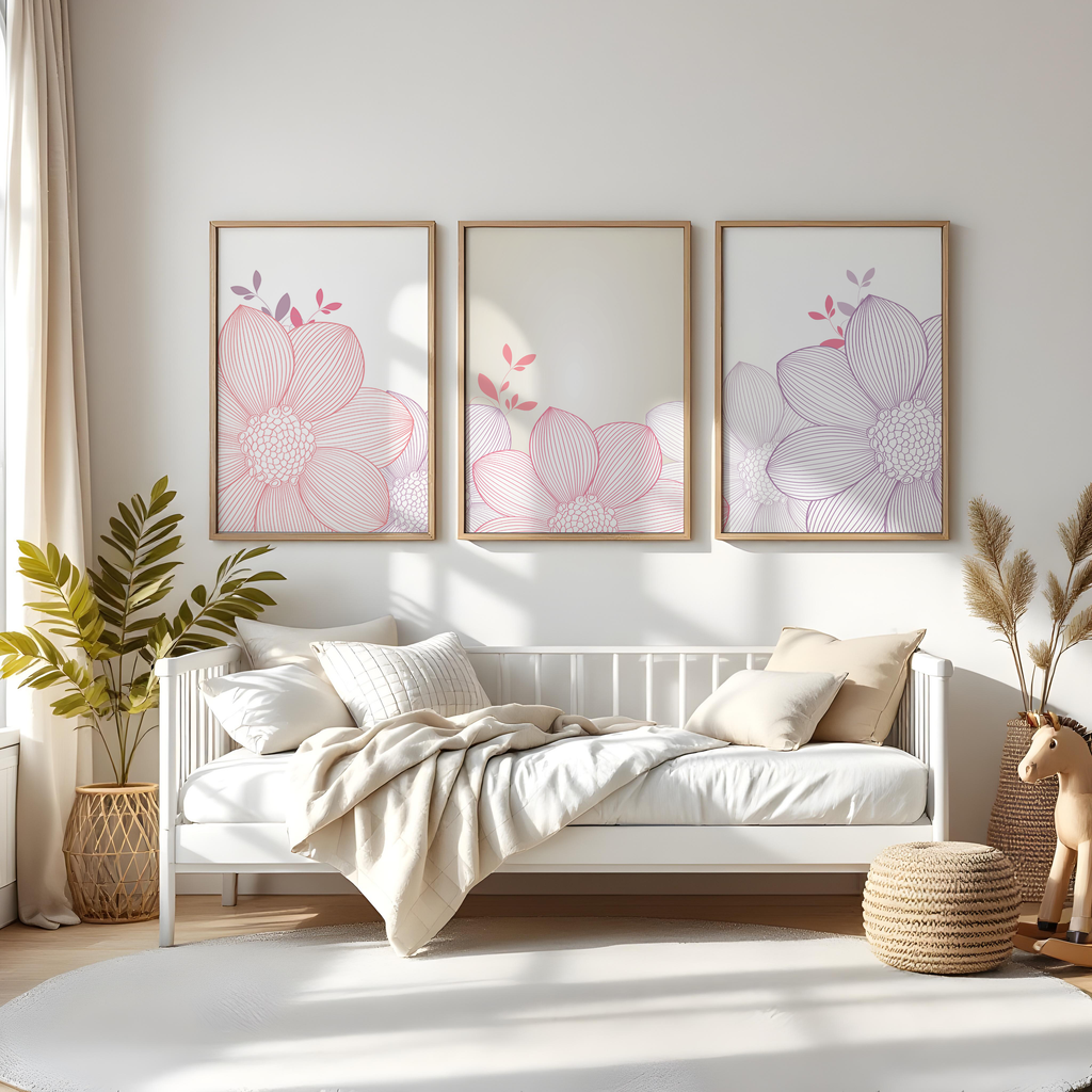 PINK & LILAC FLORAL LINE WALL ART SET – MODERN MINIMALIST FLOWER PRINTS