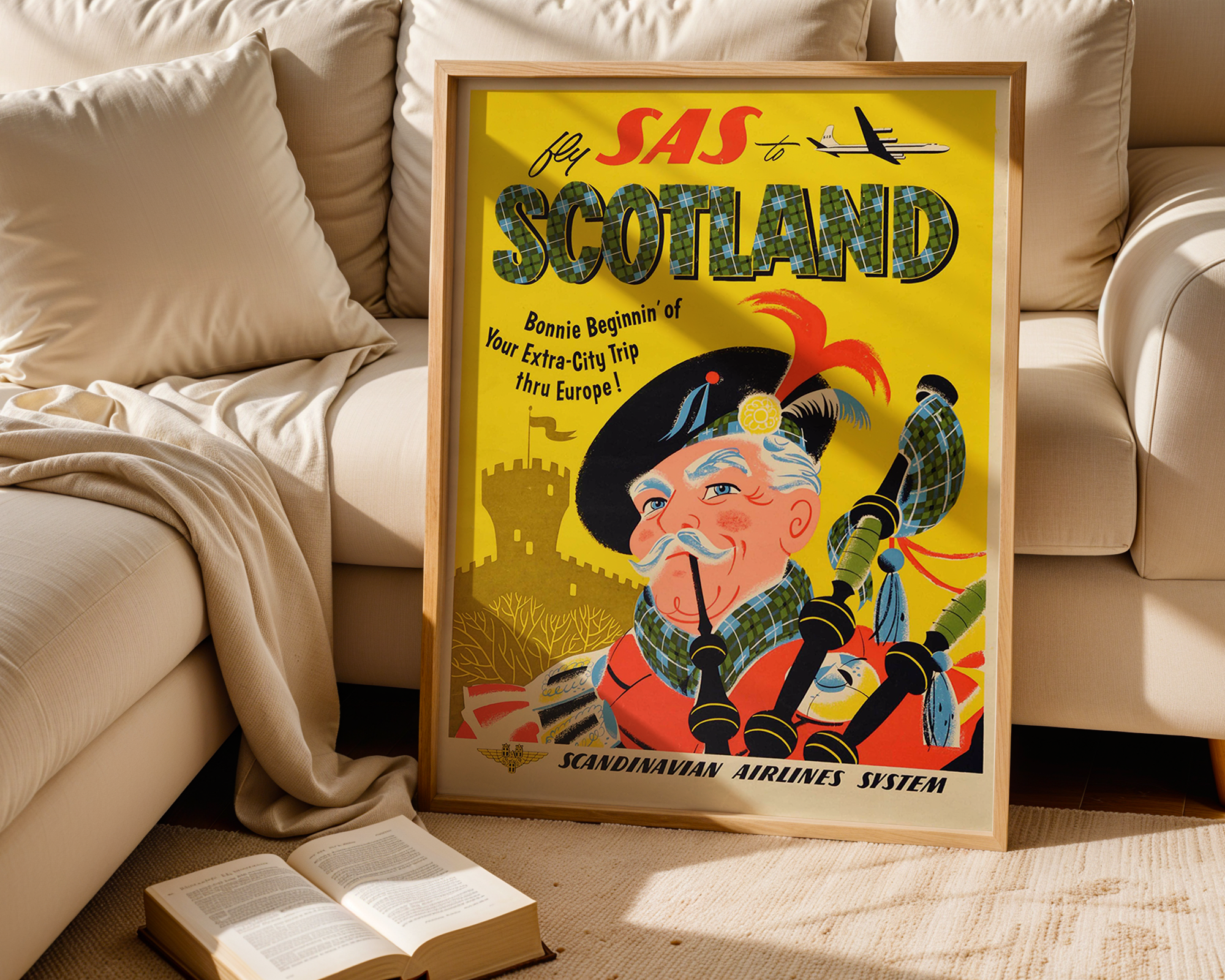 SCOTLAND VINTAGE TRAVEL POSTER – FLY SAS BAGPIPER WALL ART PRINT
