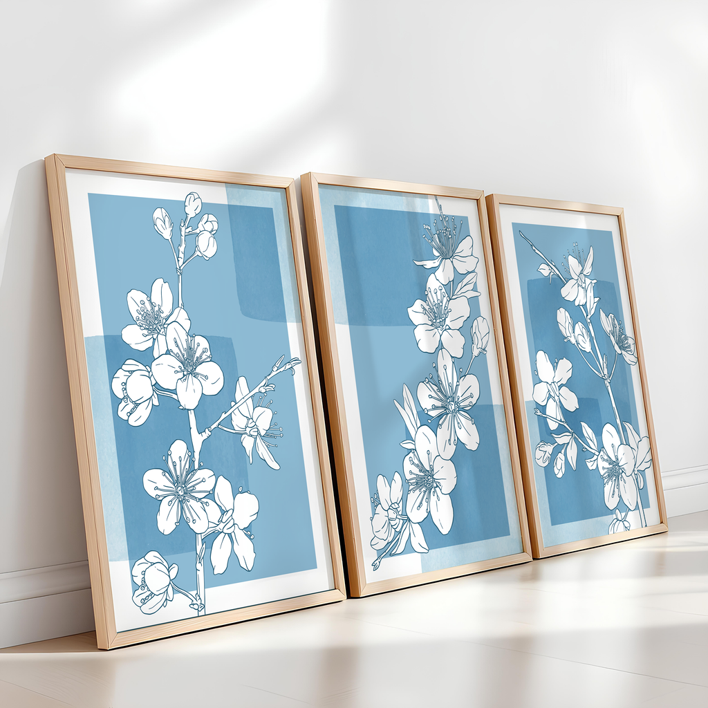 BLUE FLORAL WALL ART SET – MINIMALIST BOTANICAL LINE DRAWING PRINTS