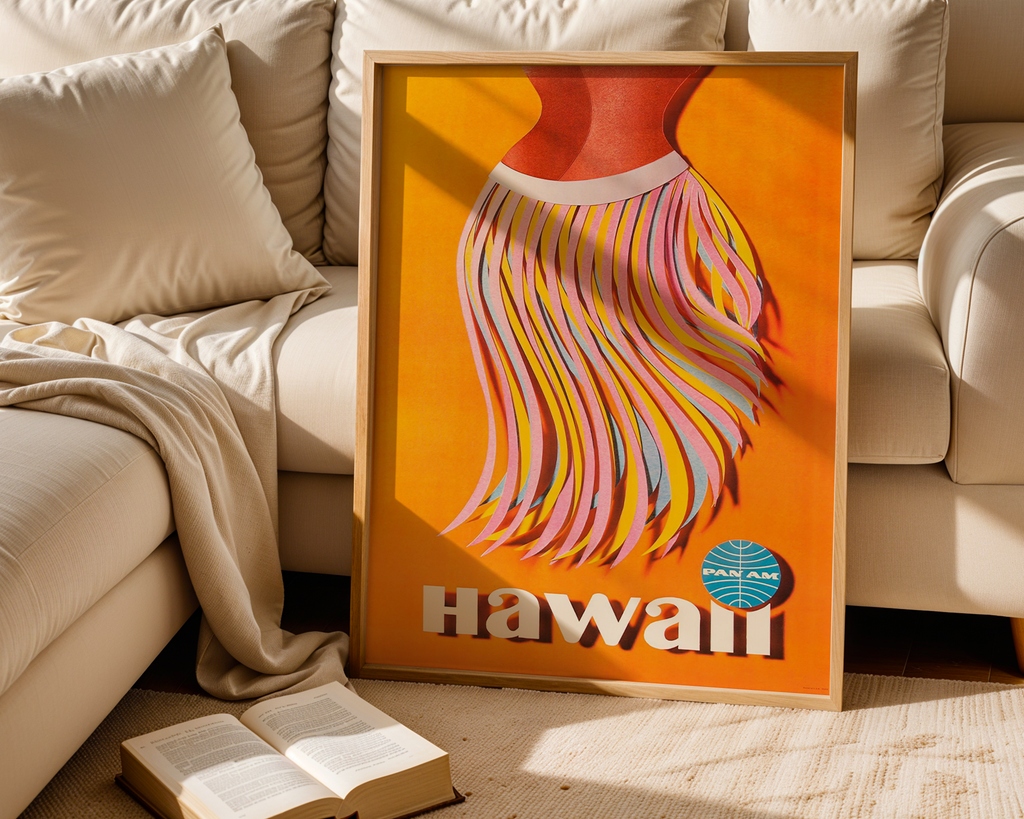 HAWAII VINTAGE PAN AM TRAVEL POSTER – HULA SKIRT MID-CENTURY
