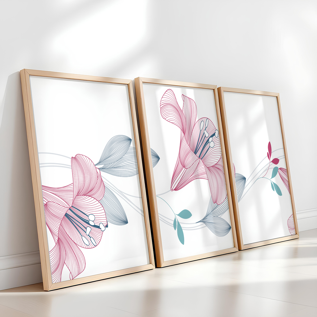 PINK & BLUE FLORAL LINE WALL ART SET – MODERN BOTANICAL